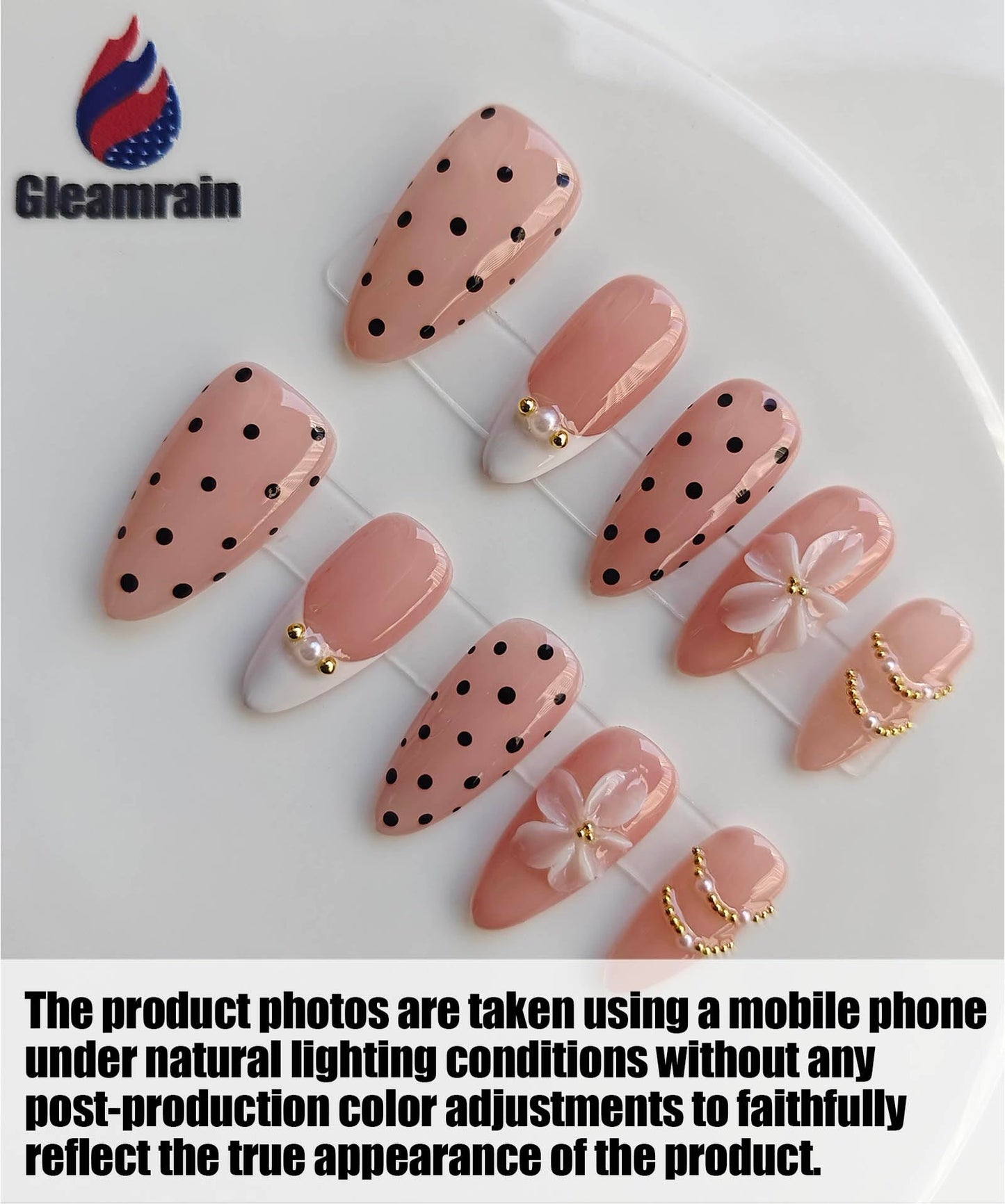 Gleamrain 10pcs Almond Handmade Press-on Nails, Medium French Tip (M Size) - With Flower and Polka Dots Design, Pink,Suitable for Women Girls for Daily, Parties, Holidays and Proms,D202