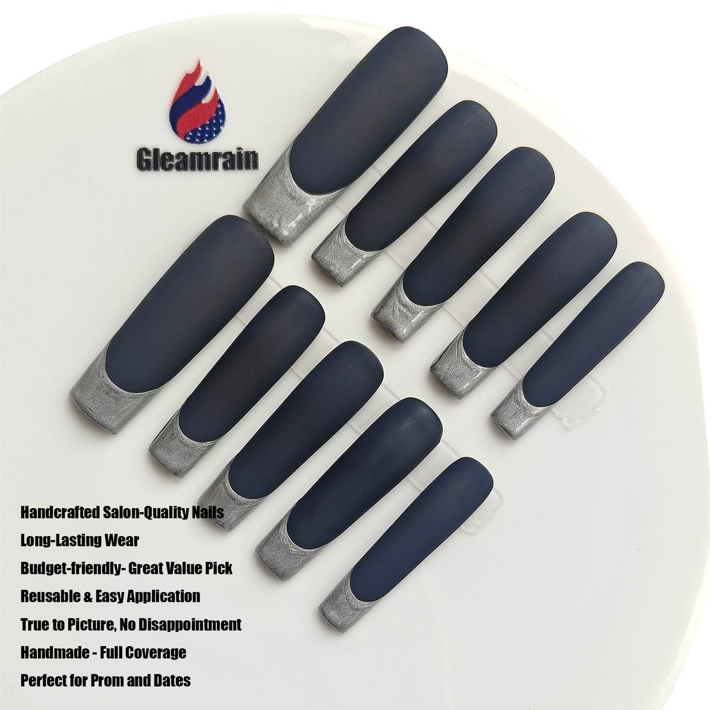 Gleamrain 10pcs Handmade Extra Long Press-on Nails Coffin Shape (M Size) with Silver French Tip Designs Black Press on Acrylic Nails for Women Suitable for Holiday Wear, D104