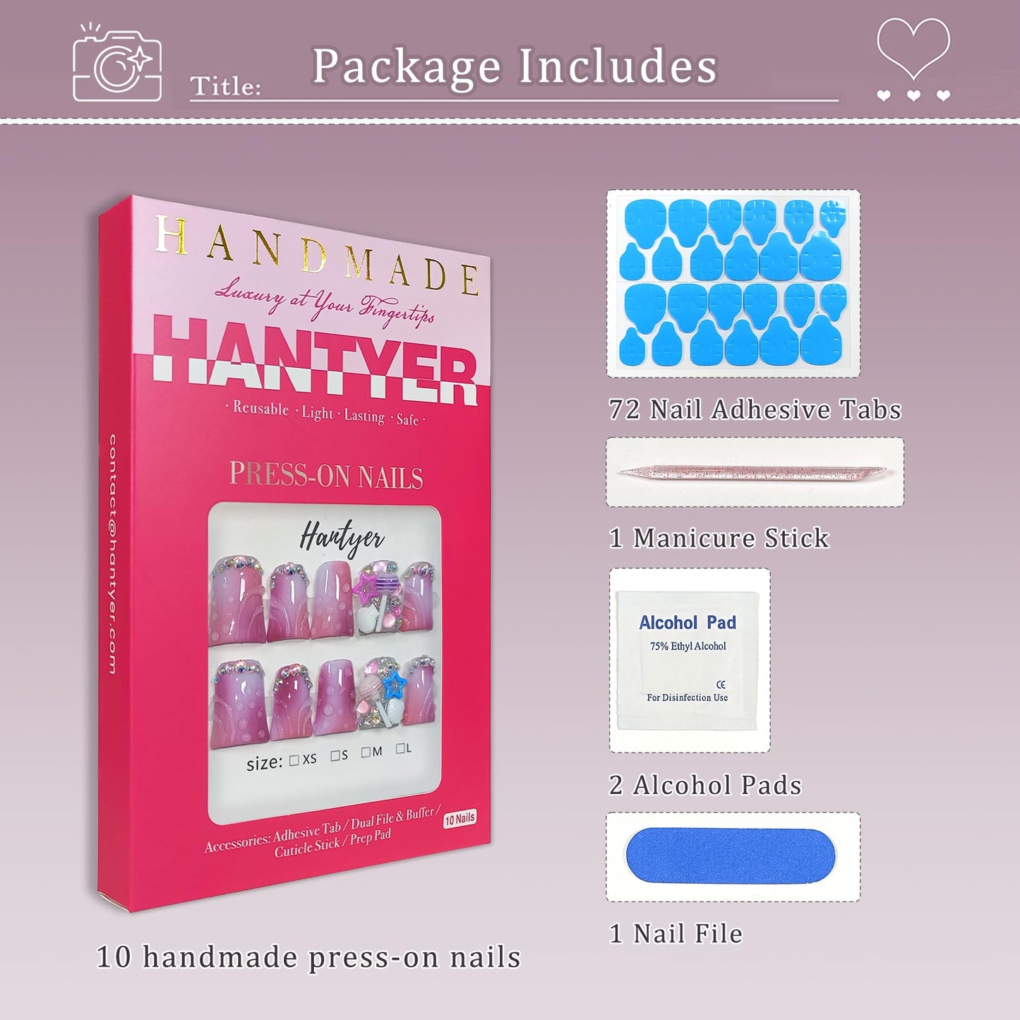 Hantyer 10pcs Short Duck Nails, Pink Ombre Press on Nails with 3D Ripple, Lollipop & Star Charms, Glossy Cute Fake Nails, Reusable Sweet False Nails for Women Birthday Party Carnival Full Set (Size L)