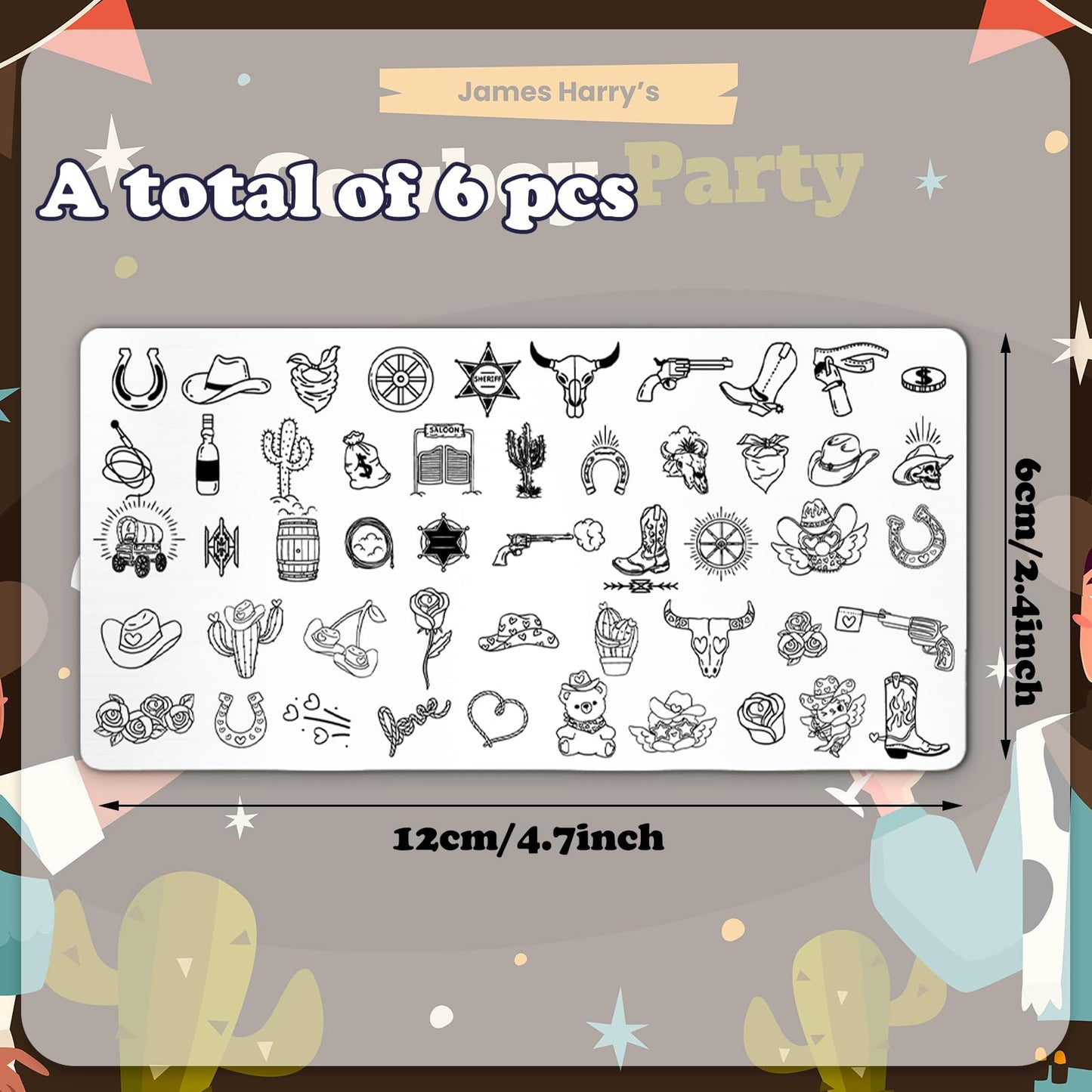 Whaline 6 Pcs Western Nail Plates Stamping Set Cowboy Cowgirl Stamp Templates Nail Art Plates for DIY Print Manicure Salon Design