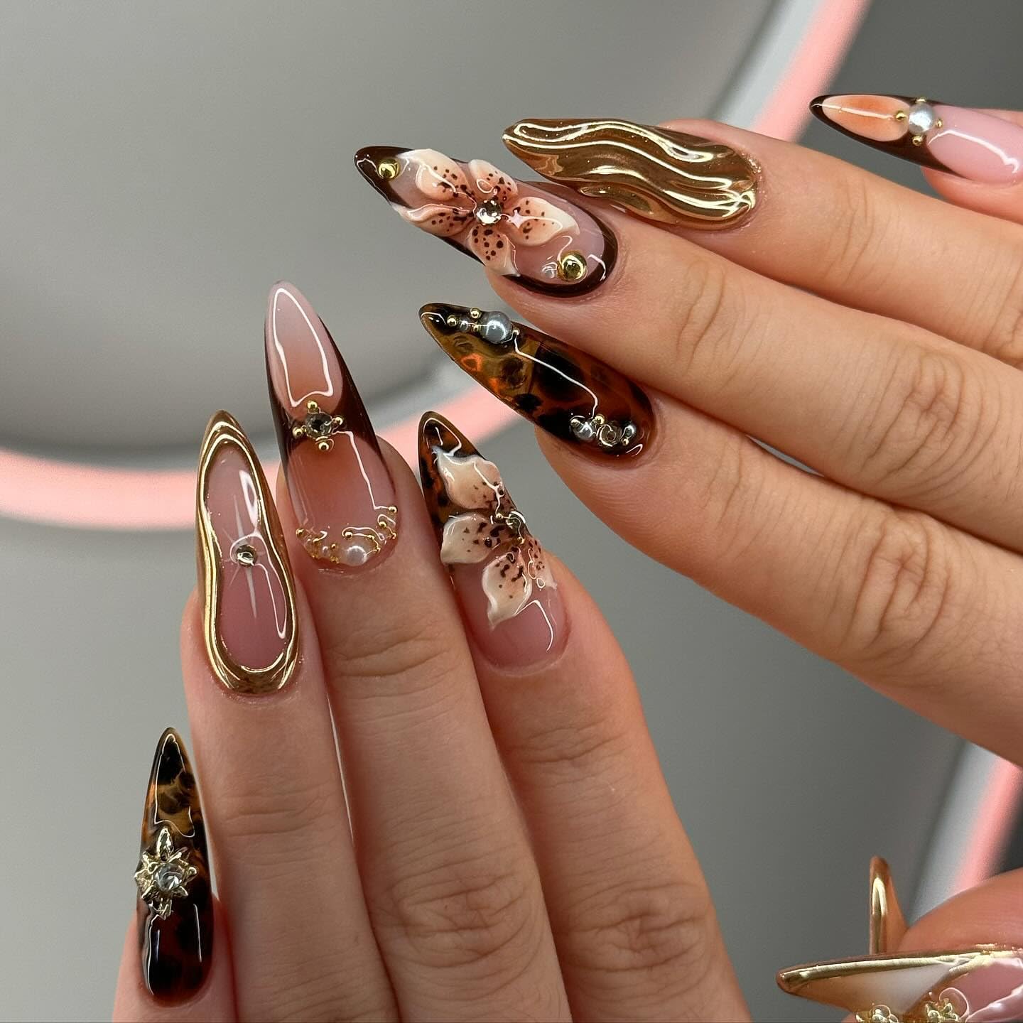 Gleamrain Stiletto Press on Nails Long Almond Brown False Nail with Flower and Swirl Designs 3d Fall Nails Press Ons for Women 24pcs