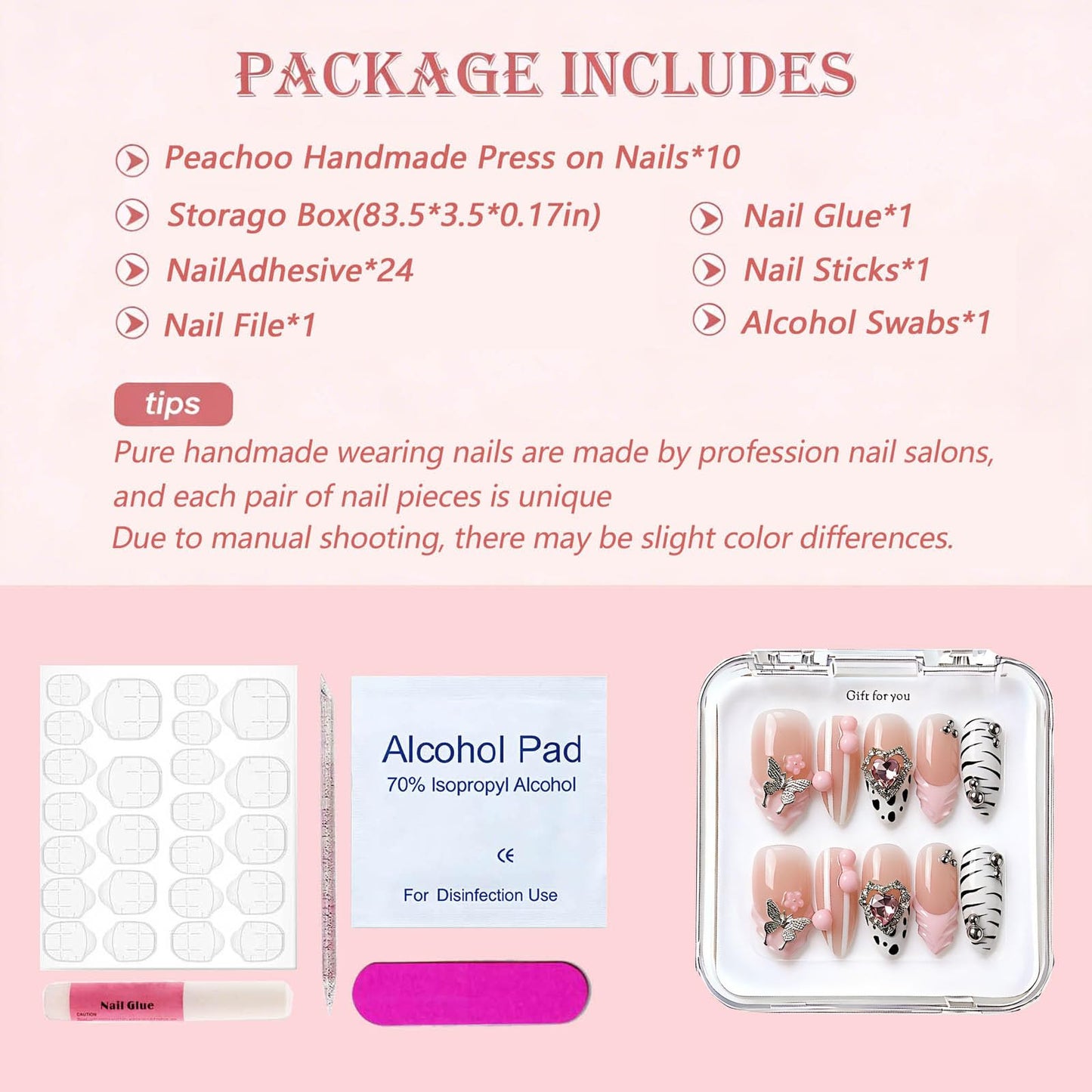 Handmade Press on Nails Almond Medium Reusable Acrylic Homemade Nails French Tip With 3D Design Fake Nail Art Sweet Cool Butterfly Press ons Nail for Women Full Cover Nail Decorations M