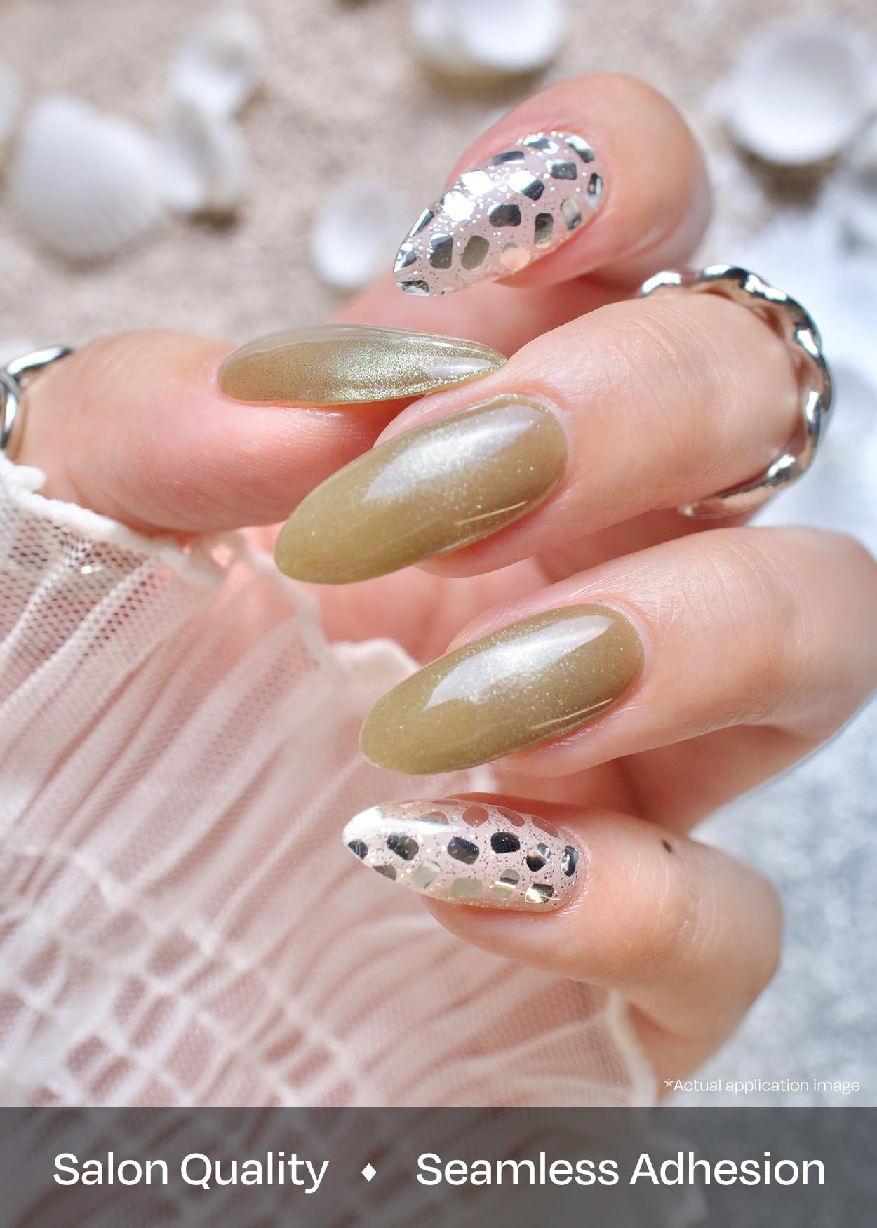 ohora Semi Cured Gel Nail Strips (N Olive Glow) - Works with Any Lamps, Salon-Quality, Long Lasting, Easy to Apply & Remove - Includes 2 Prep Pads, Nail File & Wooden Stick