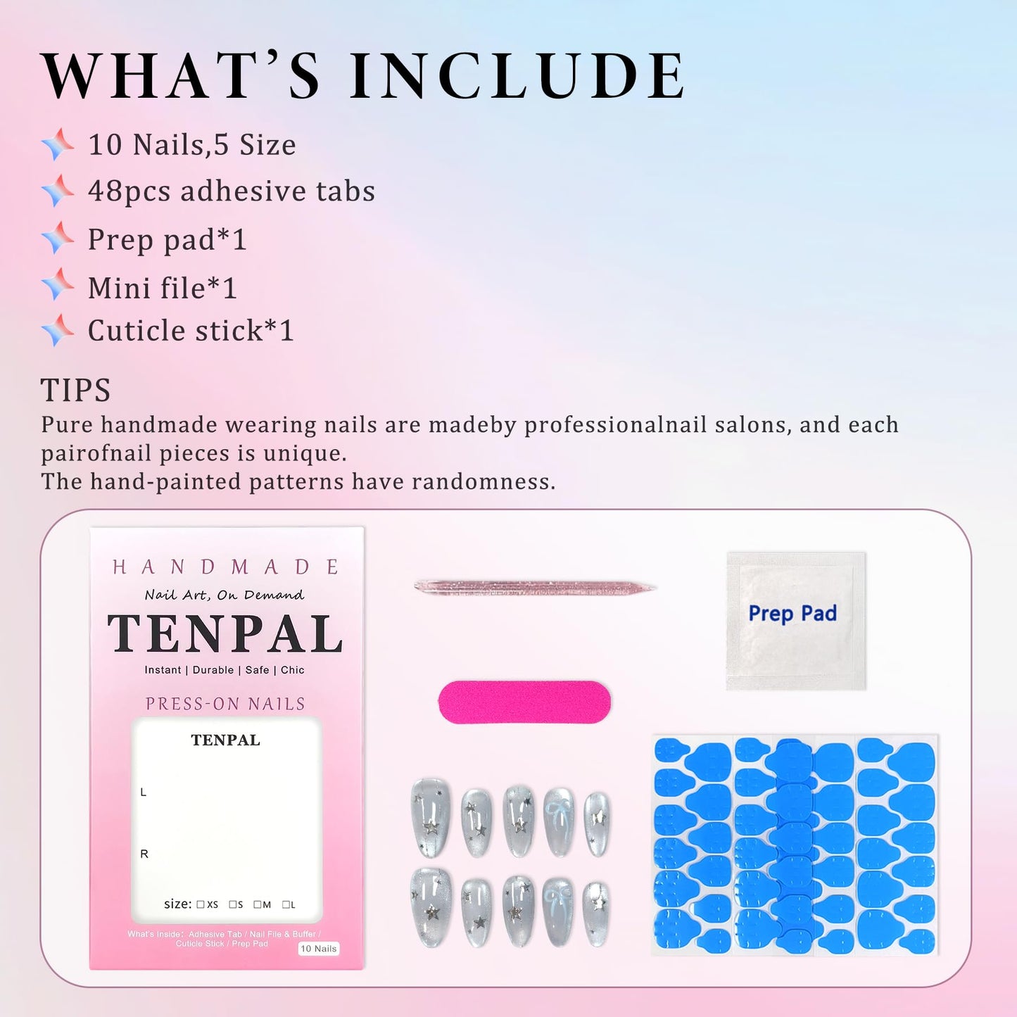 TENPAL Icy Blue Glass Bead Cat Eye Press on Nails Medium Oval with Starlight Bow, Blushing Ombre & Handmade, Reusable Sheer Celestial False Nails for Daily Aura(XS)