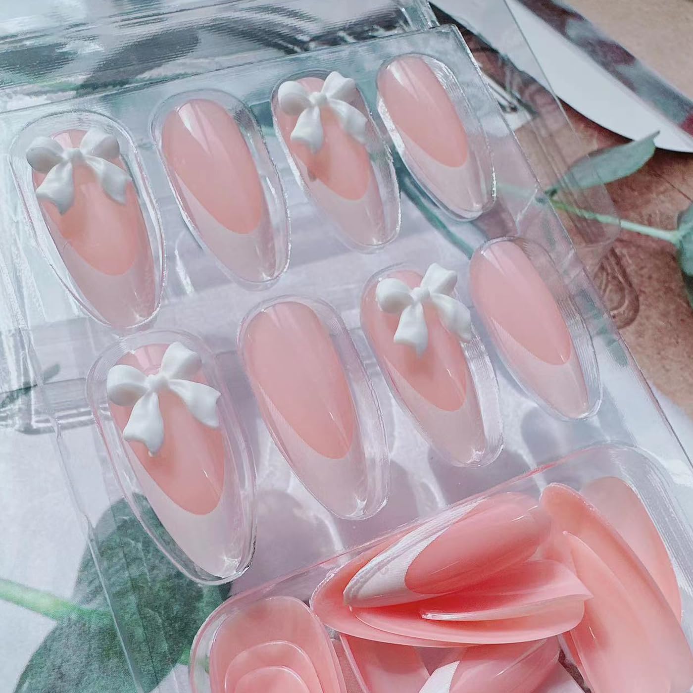 24Pcs French Tip Press on Nails Medium Almond Shape Fake Nails with White Bow Design Charms False Nails Stick on Nails Press ons Full Cover French Acrylic Nails for Women Girls Nail Decorations