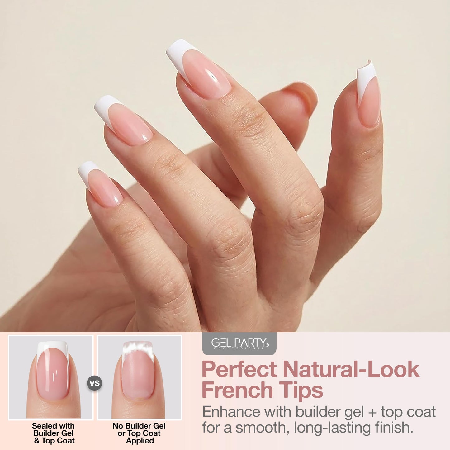 GELPARTY Rapid French Tip Press On Nails – 150Pcs, 15 Sizes | Pre-Shaped Soft Gel French Tips for Salon-Perfect Nails (Nude Short Coffin)