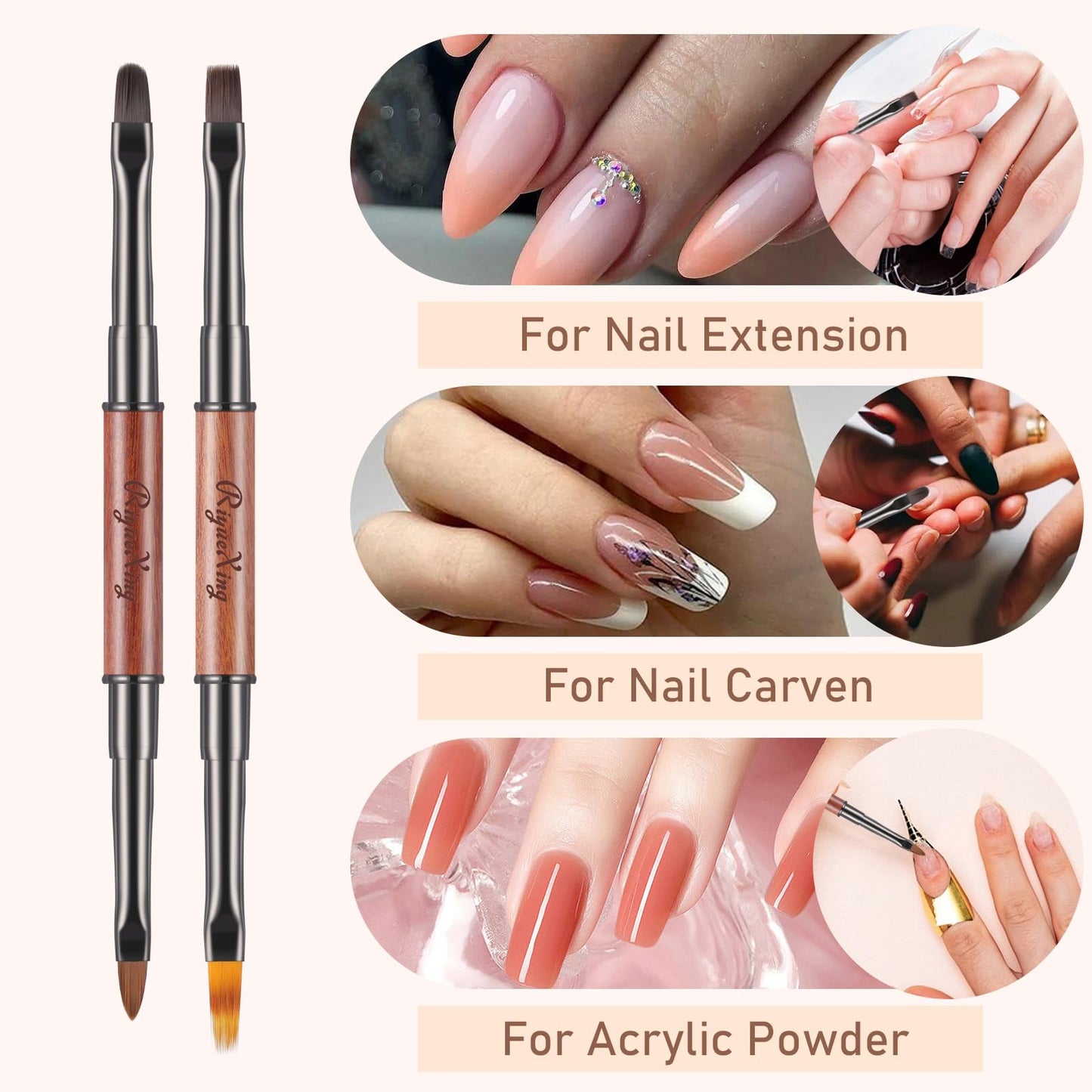 RIYUEXING Nail Art Bushes Set - Professional 5Pcs Double-Ended Nail Brush for Art, Long Lines, Ombre & 3D Design Nail Brush Pen for Gel Polish Manicure DIY Home Salon