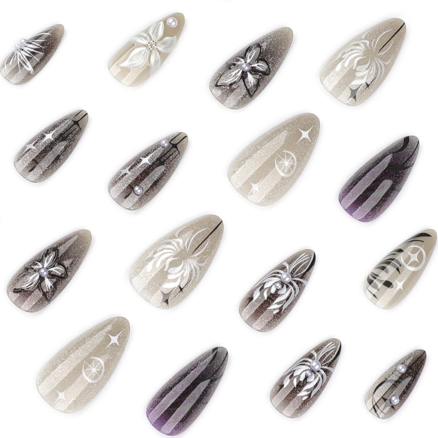 Medium Press on Nails Almond - Ombre Black Fake Nails with 3D Flower Design - Y2k, Full Cover Stick on False Nails - for Women 24 Pcs