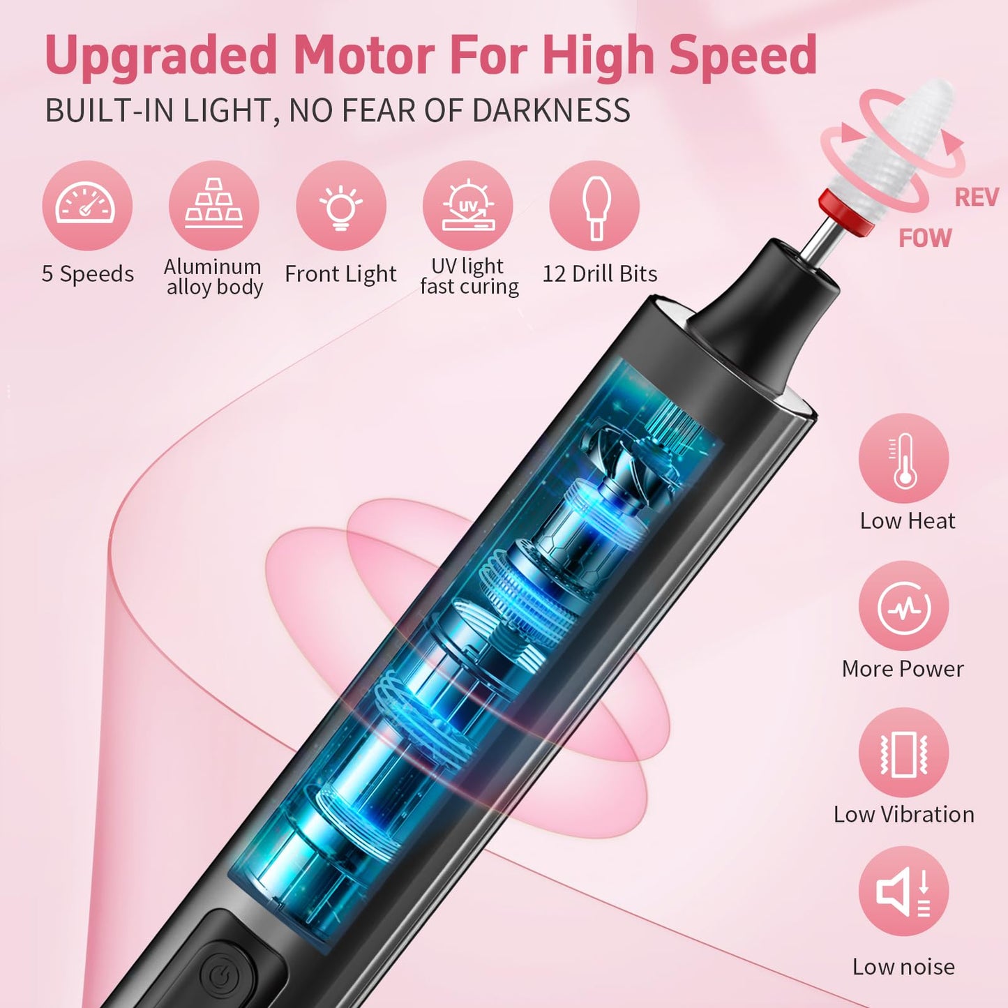 Cordless Nail Drill Electric File with UV Nail Lamp:Professional for Acrylic Gel Dip Powder Nails Portable Nail Drill Machine Kit for Manicure Pedicure Nail Set Rechargeable Lightweight (Black)