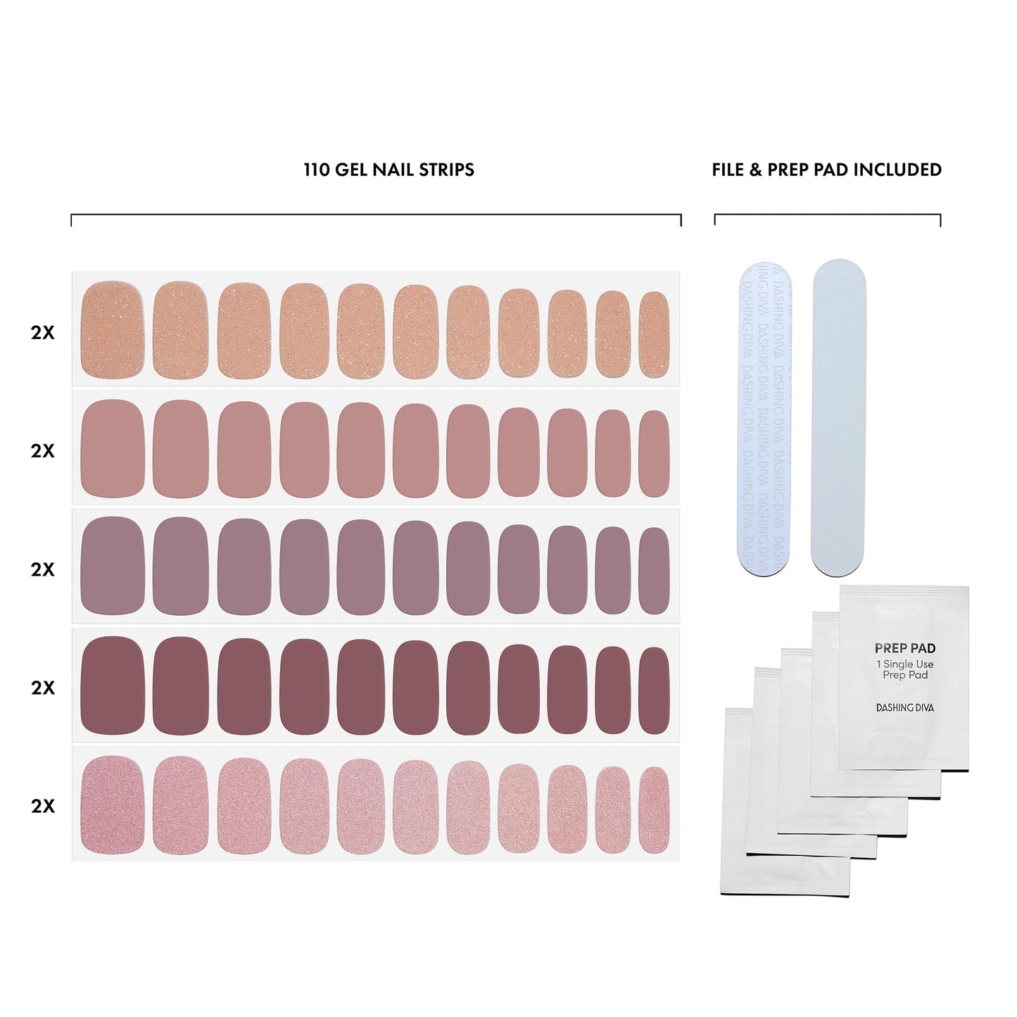 Dashing Diva Gloss Nail Strips 5-in-1 Kit - Best of Nudes - UV Free, Chip Resistant, Long Lasting Gel Nail Stickers - Contains 110 wraps, 5 prep pads, 2 nail files