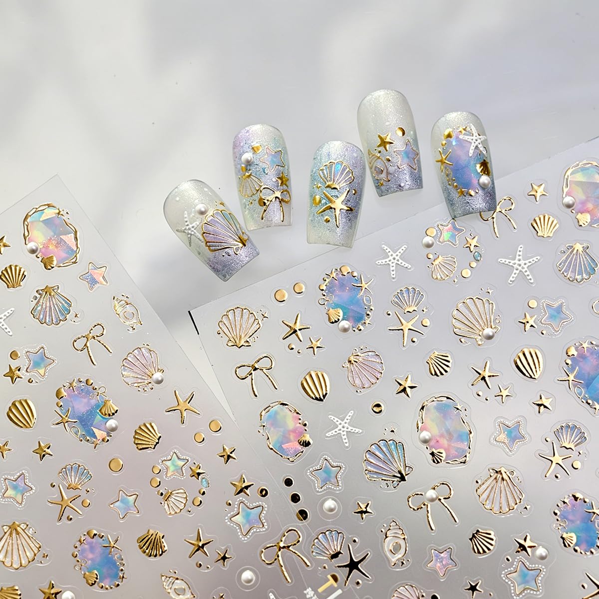 Summer Ocean Nail Art Stickers 5D Embossed Seashell Starfish Nail Stickers Gold Foil Nail Decals with Bow Design Self-Adhesive Y2K Nail Accessories for Women Girls DIY Manicure 1 Sheet
