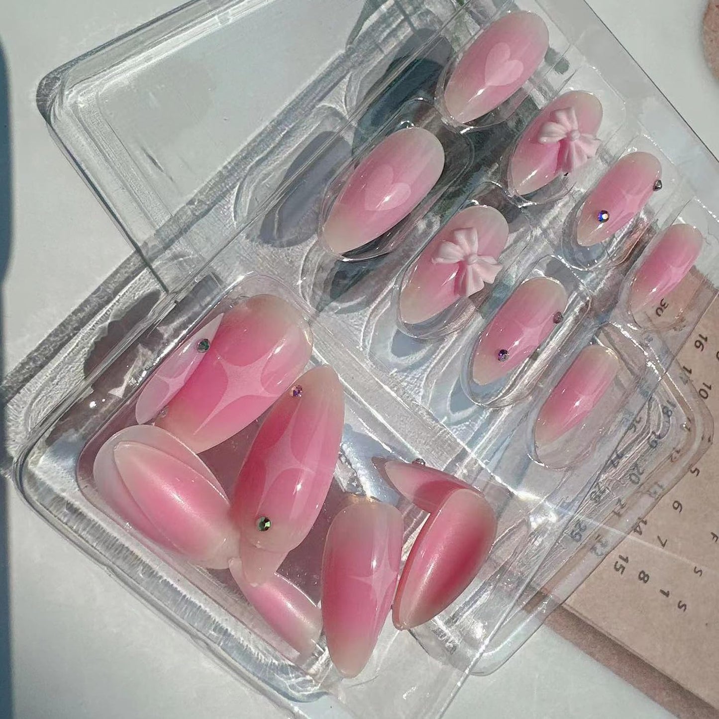 Pink Gradient Press on Nails Fake Nails Almond-shaped blush Bow Star with Rhinestones Design Glossy Stick on Nails Acrylic Artificial Nails Oval False Nails for Women Girls DIY Manicure Decoration