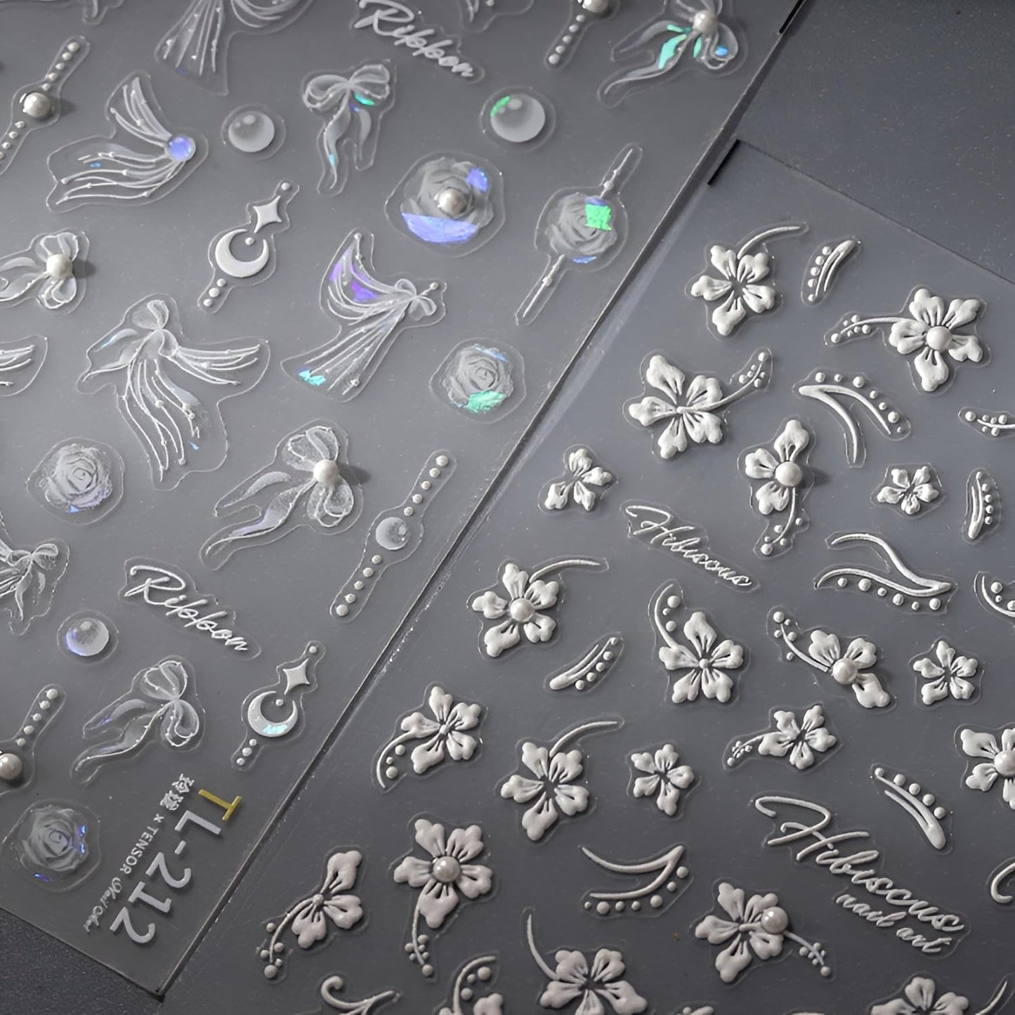 5D Embossed Nail Stickers for Nail Art Self Adhesive Spring Summer Nail Art Stickers White Flower Nail Decals Aurora Bow Star Nail Design for Women Girls