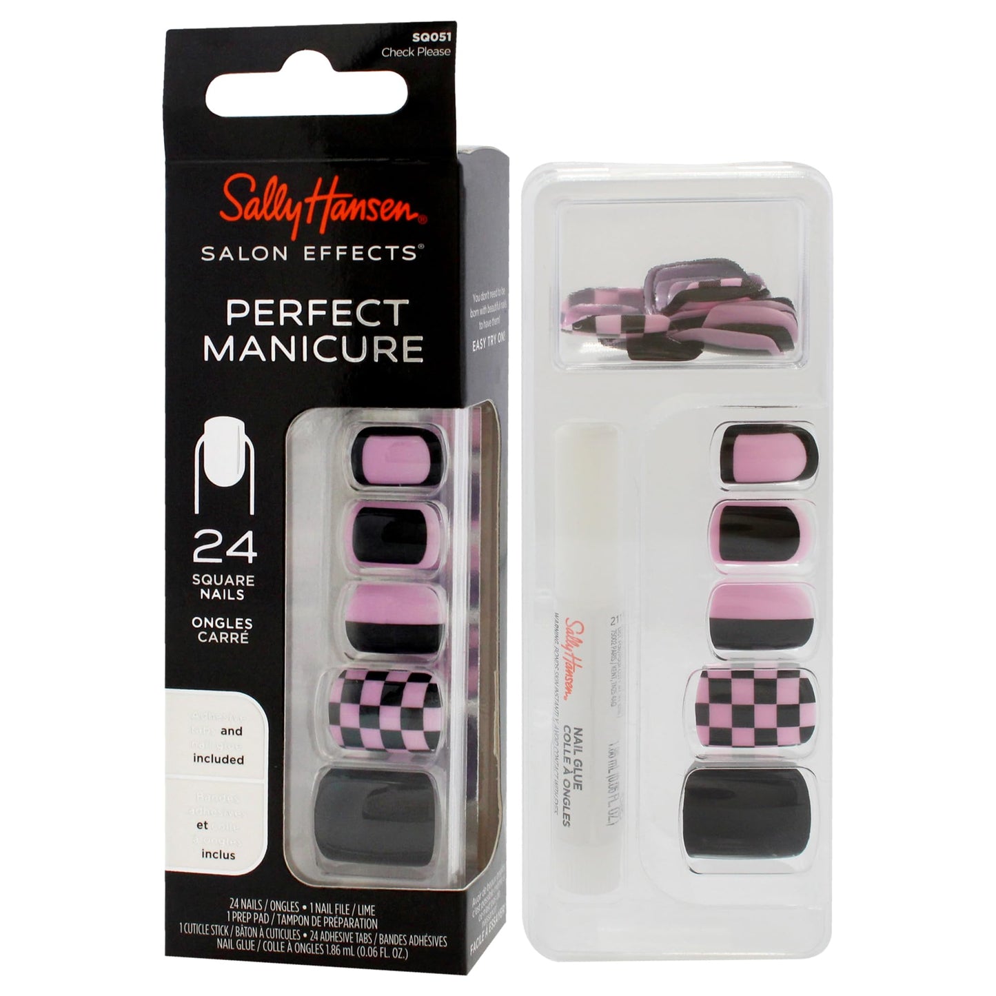 Sally Hansen Salon Effects® Perfect Manicure, Check Please, Press On Nails, Square Shaped, Non-Damaging Adhesive Tabs, File, and Alcohol Pad Included (Pack of 2)