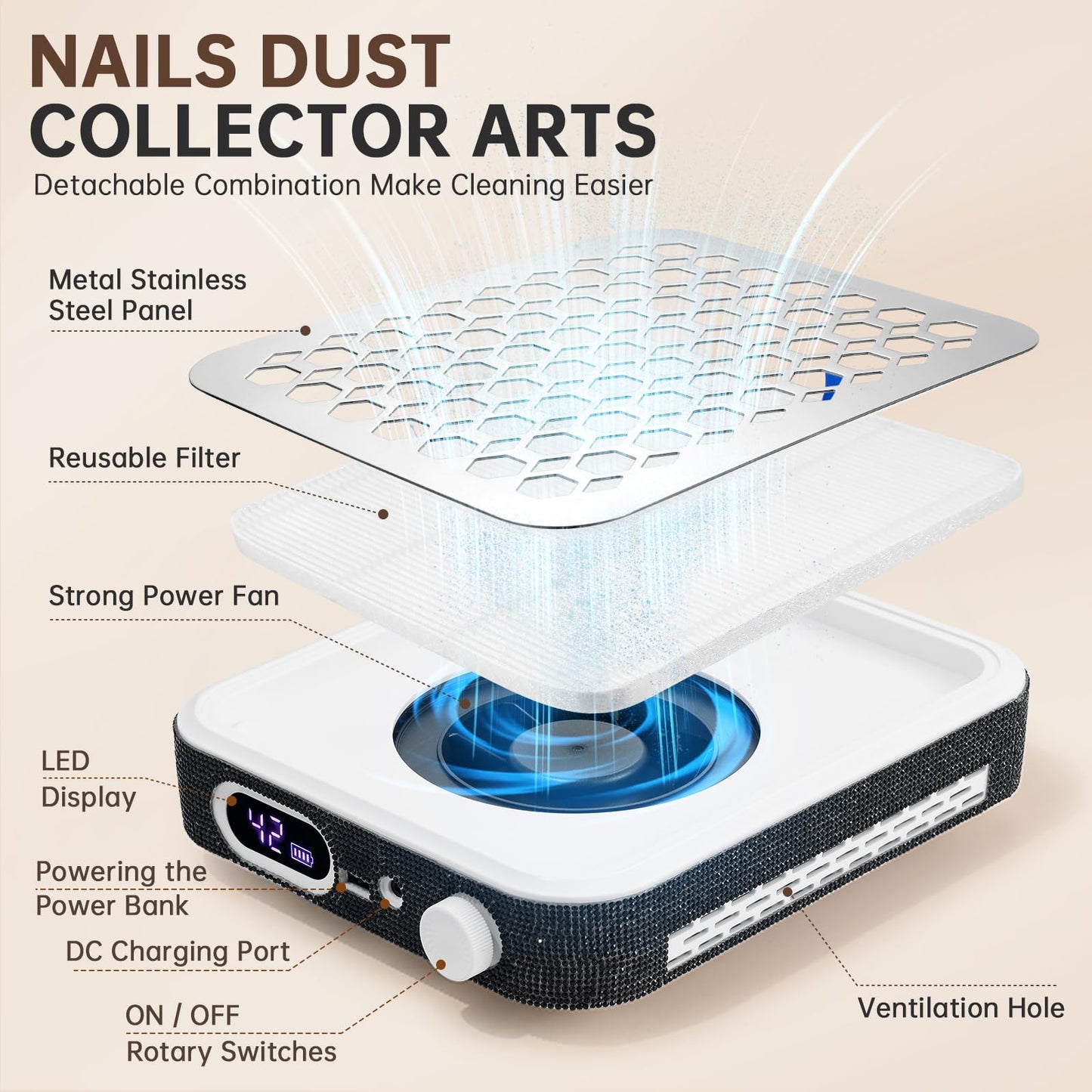 CHRISTINE SHELLY Nail Dust Collector, Rechargeable Dust Collector Nail Tech, Powerful Vacuum Fan Vent Dust Collector Extractor Dust Suction Machine for Acrylic Nails Polishing, Nail Salon&Home,Black