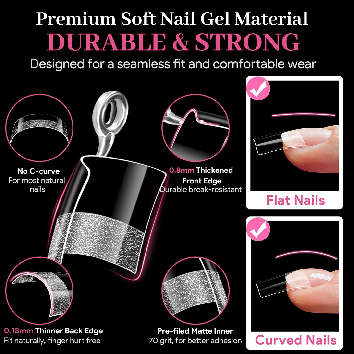 Qiek 510pcs Short Square Half Cover Nail Tips, No-File Pre-Buffed Clear Acrylic Press On Tips 15 Sizes with Half Sizes, 0.1mm Thin Back No C Curve for DIY Nail Extensions & Home Salon Beginners