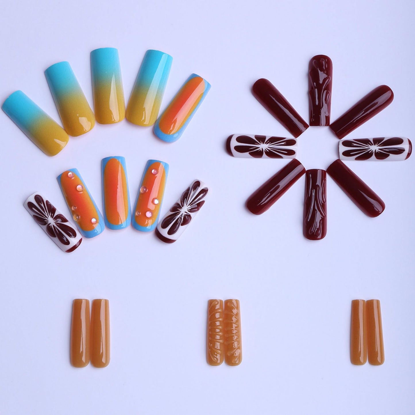 Long Press on Nails Square Fake Nails Brown Artificial Nail Orange Spring and Summer Designs Sparkly Stick on Nail for Women 24pcs