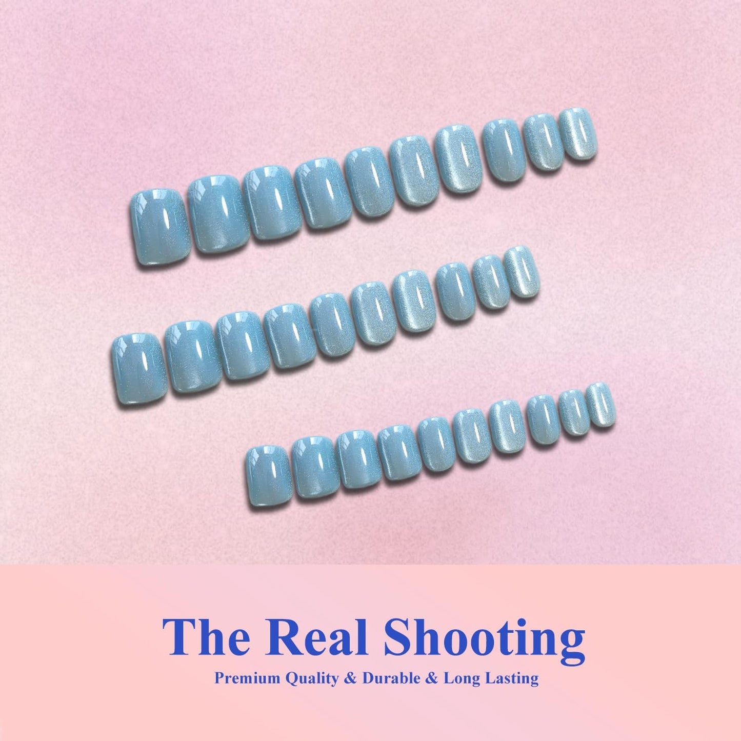 KQueenest Cat Eye Press On Nails Short - Light Blue Press On Nails Square, 30 Pcs 15 Sizes Sparkly Glitter Fake Nails Press ons, Thick Quality, Reusable Small Baby Blue Glue on Nail for Women Summer