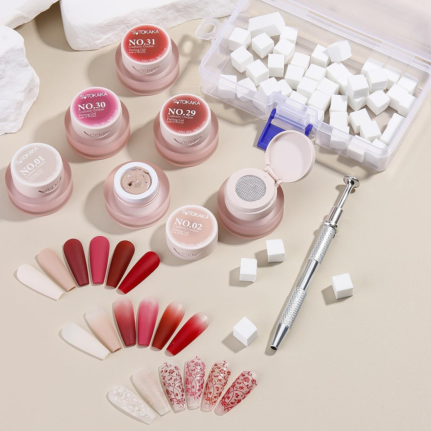 SUTOKAKA 6 Color Cushion Ombre Painting Gel Kit, Red Nude Ombre Patting Gel with Soft Sponges Grabber Pen, Professional Gradient Nail Polish for DIY Aura Blush Blend French Manicure Design