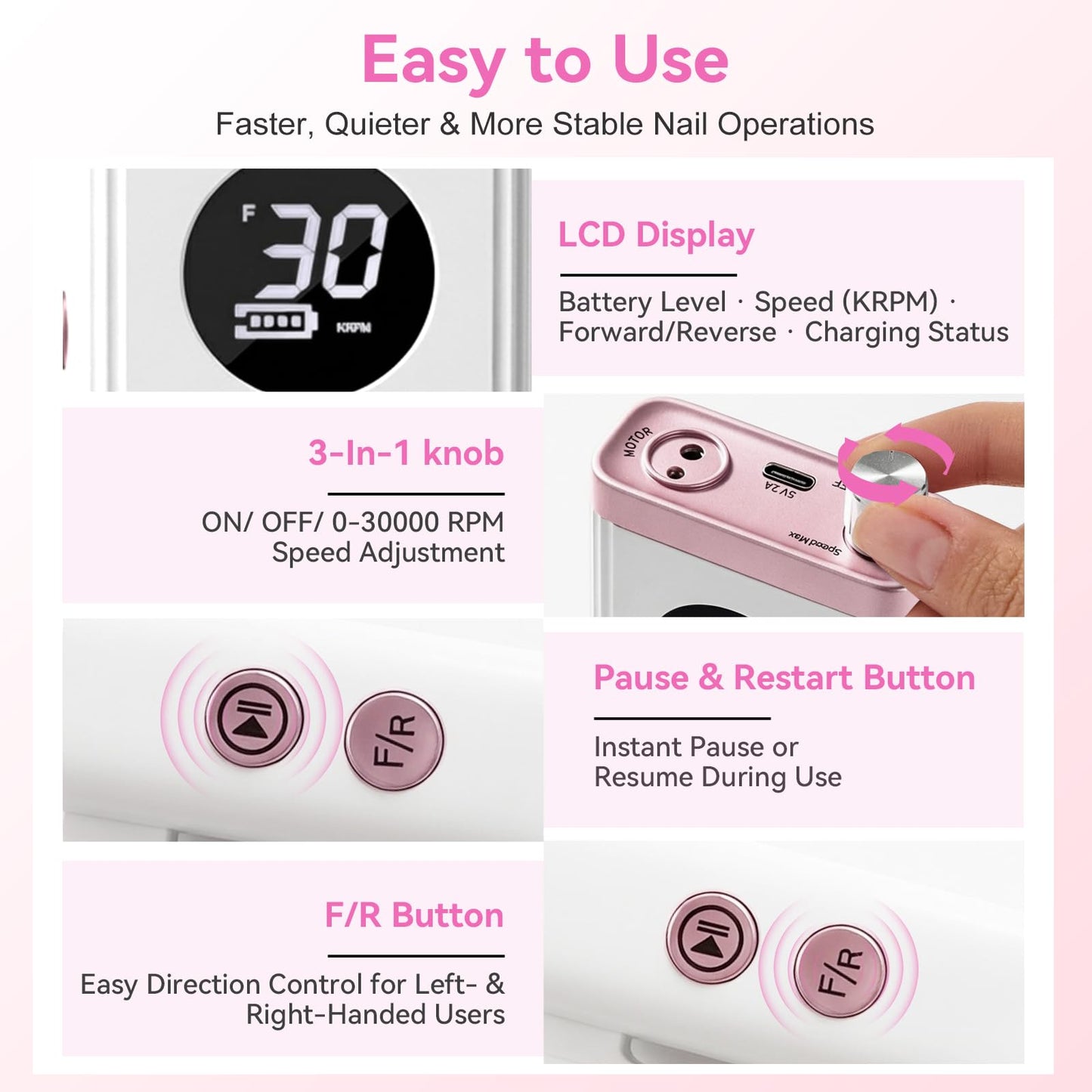 Makartt Cordless Nail Drill 30000RPM - Rechargeable Electric Nail File for Beginners & Pros Ready, Quiet 8H Efile Kit for Acrylic & Gel Removal, 48W Carbon Motor with LCD, Home & Beauty School, White