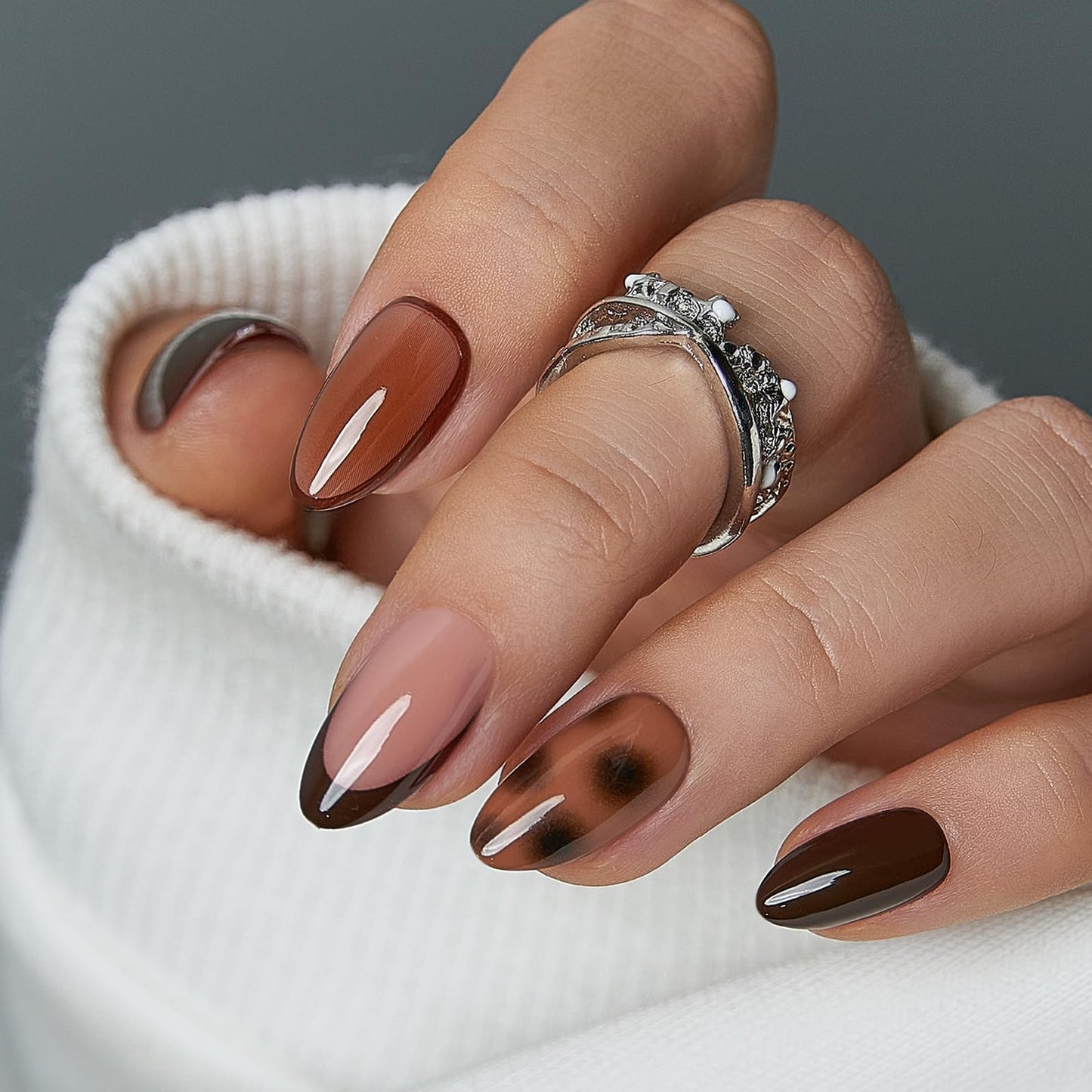 CurvLife Medium Almond Press On Nails, Soft Gel Salon Quality Fake Nails, Nude Pink Brown Tortoiseshell Design, Reusable Full Cover Press Ons for Women