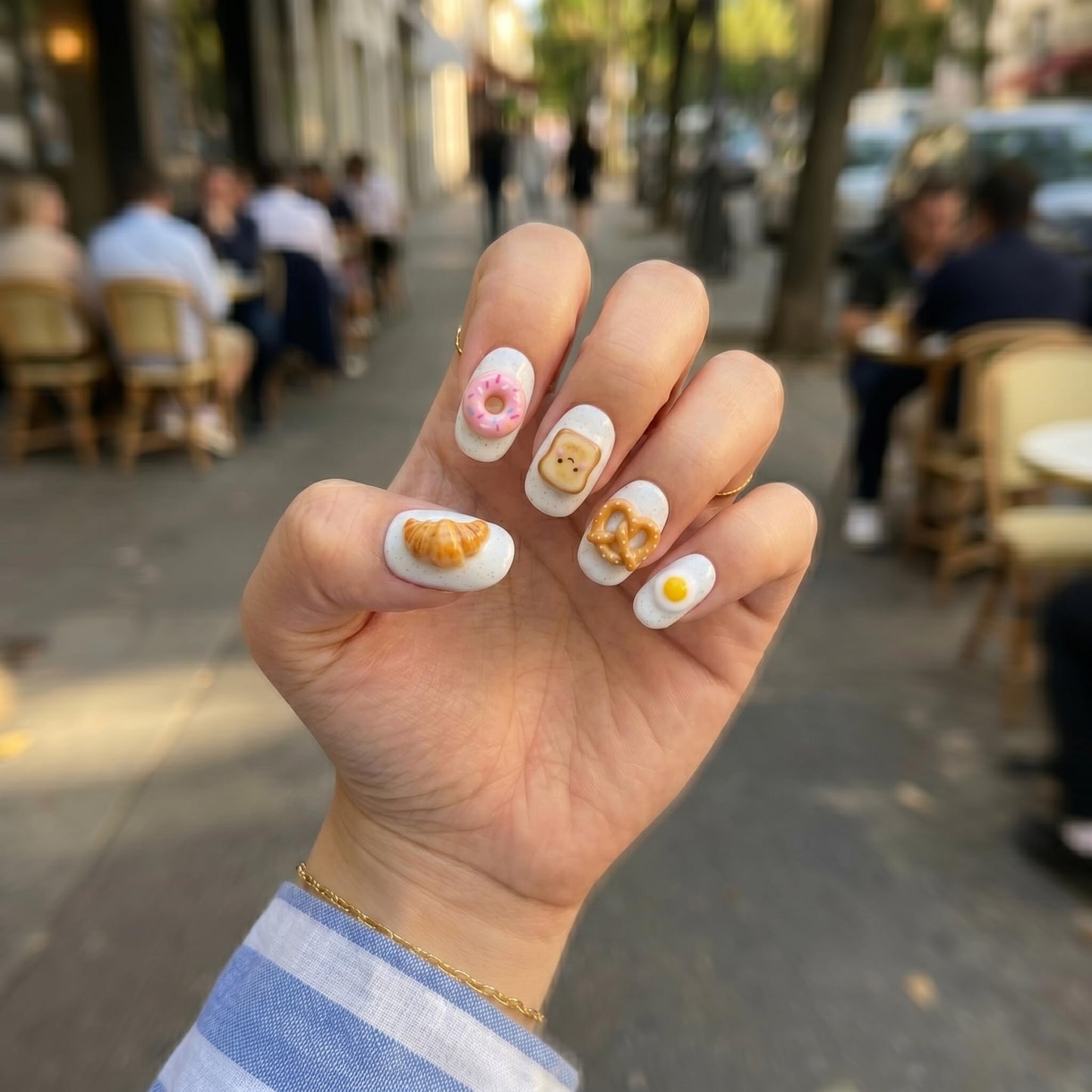 Press On Nails Oval Short, Handmade White Glitter Acrylic Fake Nails, Kawaii 3D Breakfast Food Cute Design, Reusable Glossy, Custom Made to Order