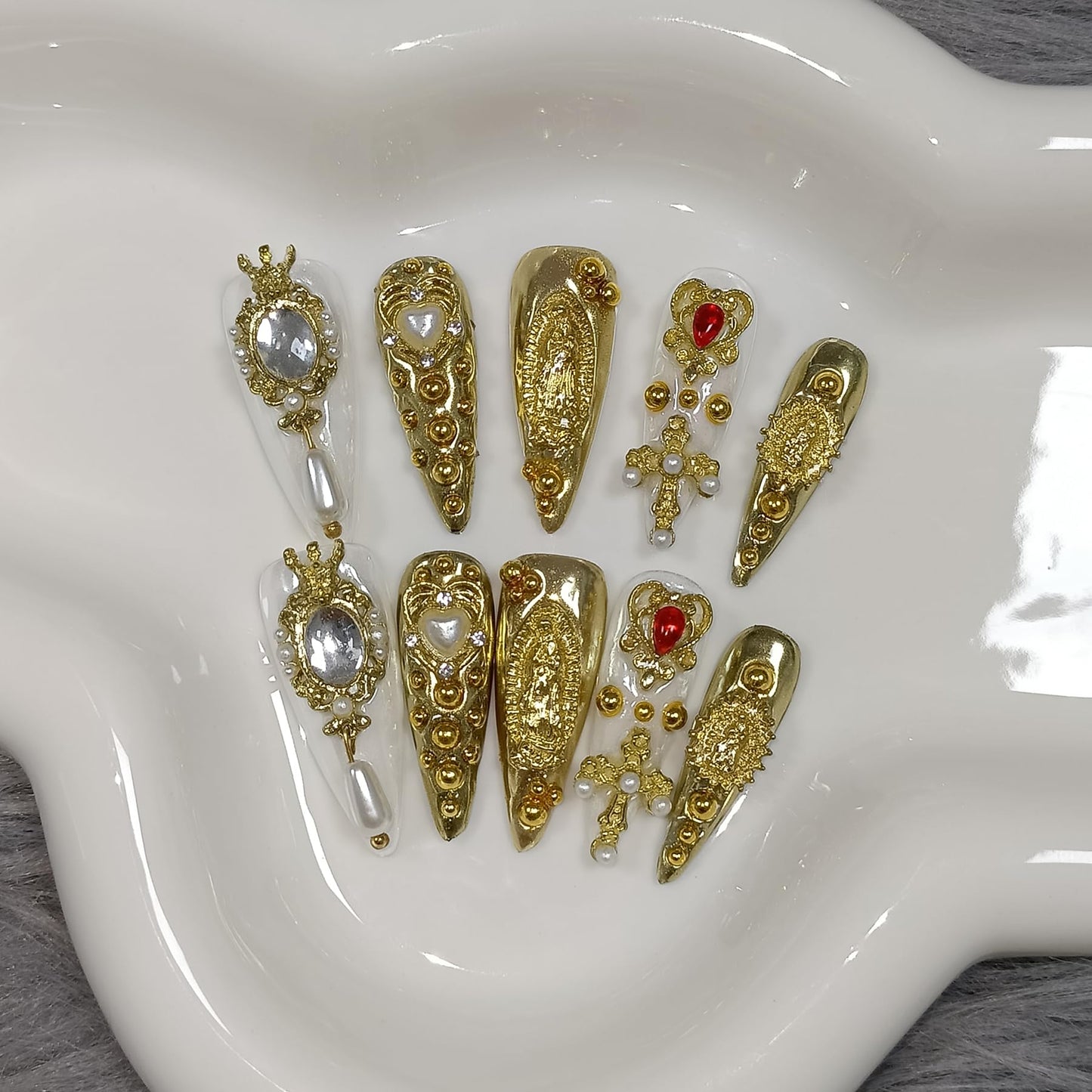 TENPAL 10Pcs Handmade Royal Press On Nails With Tools,Metallic Gold Long Stiletto Fake Nails with Pearl & Celestial Charms Designs,Sculpted 3D Baroque Acrylic Glue on Nails for Wedding Gothic Ball(M)