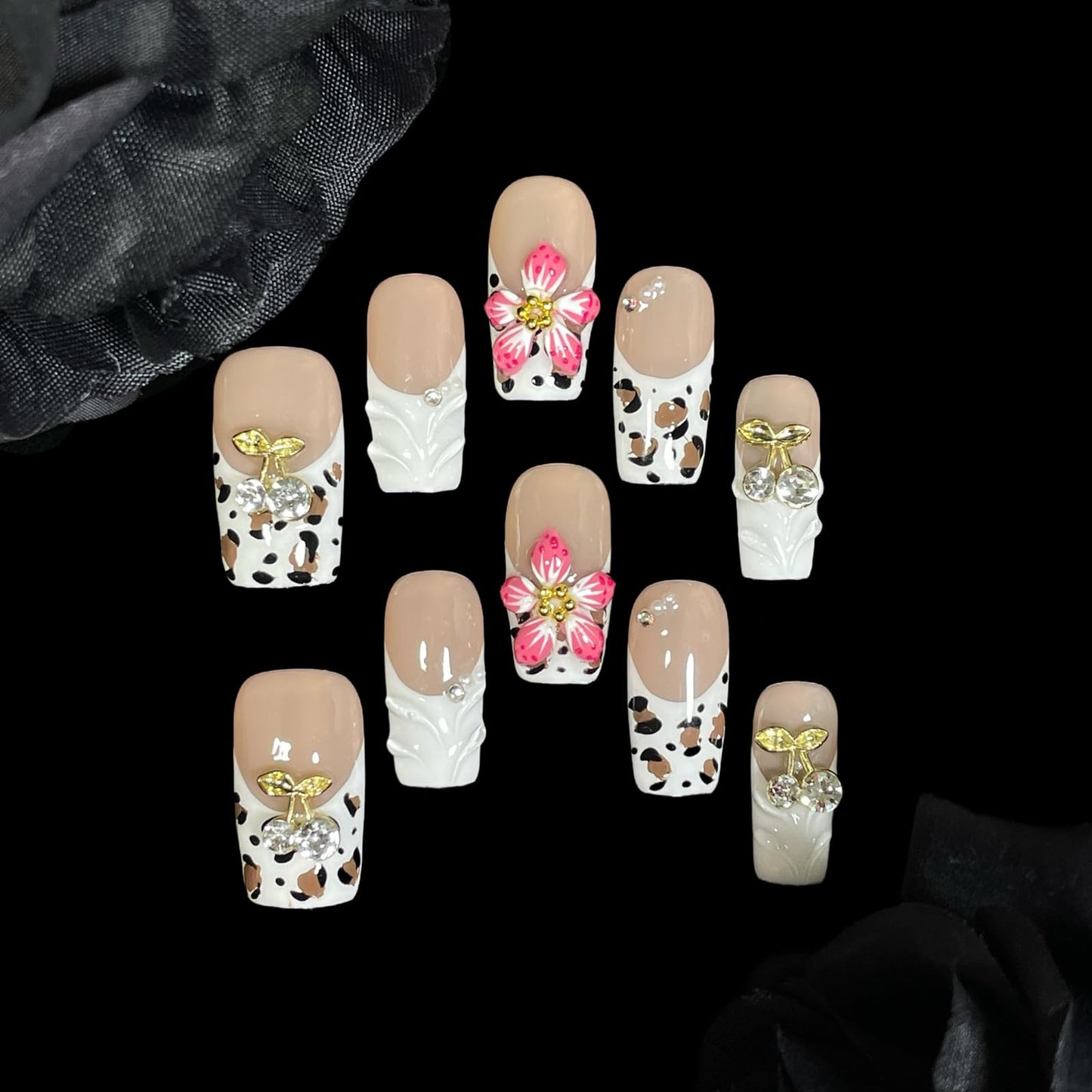 Handmade Press On Nails, 3D Velvet Floral Short/Medium Length Square White French Tips, Leopard Cherry Design, Reusable Acrylic False Nails (Velvet Jungle, S)