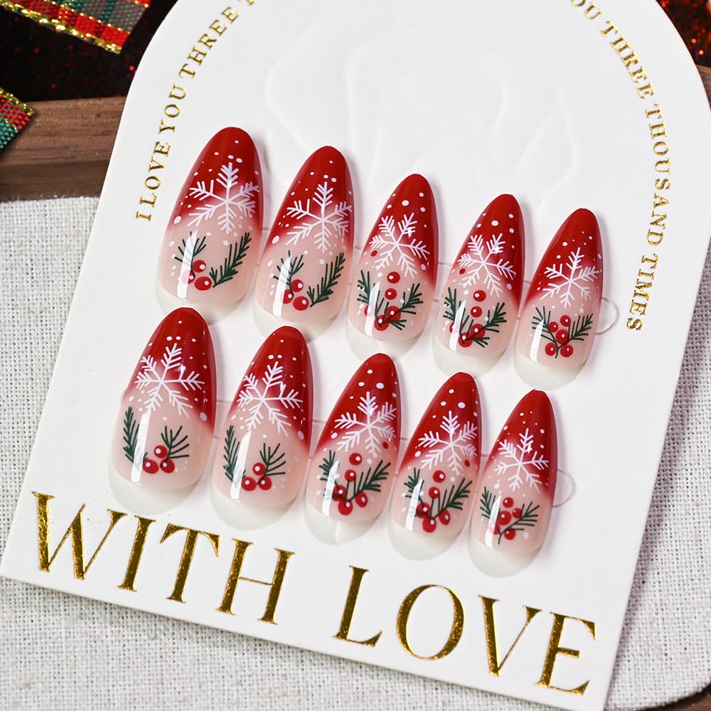 Christmas Press on Nails Medium Almond Fake Nails Snowflake with Red Fruit Designs False Nails Full Cover Glossy Red Gradient French for Women Christmas Party Wear Manicure Decoration 24PCS