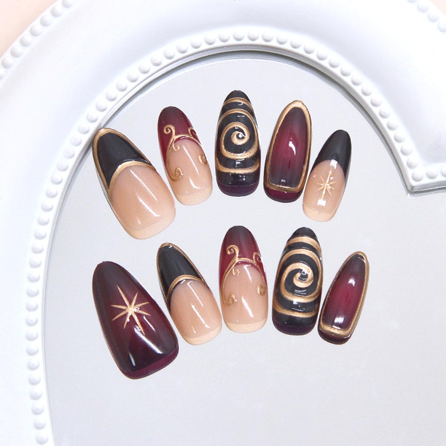 24Pcs French Tip Press on Nails Medium Almond with Irregular 3D Gold Line Purple Night Starlight Design French Style Manicure Glossy False Nails Full Cover Artificial Glue on Stick on Nails for Women