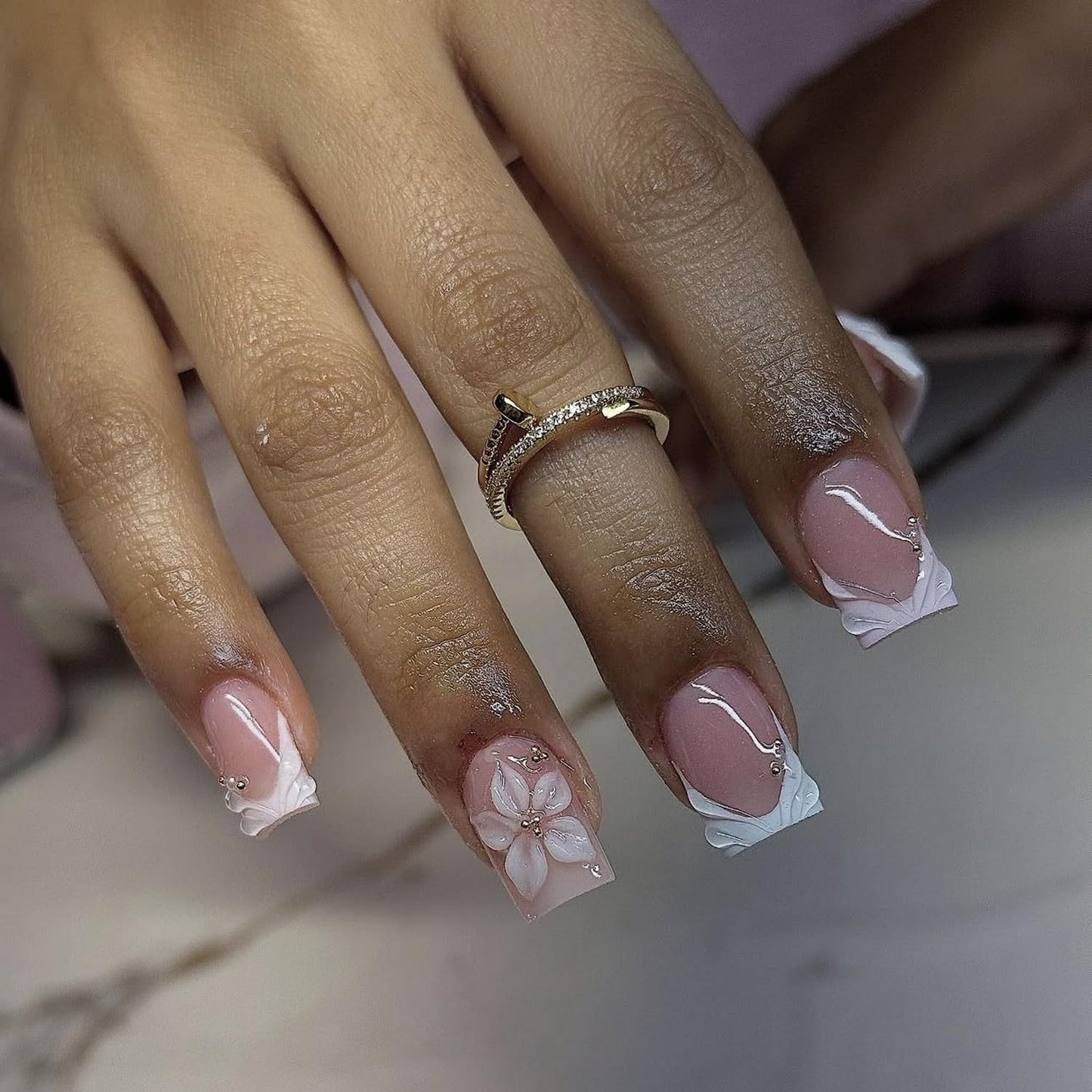 Square Press on Nails Short MABKJLF French Tip Fake Nails 3D Handmade False Nails with Flower Gold Bead Designs White Glossy Glue on Nail Acrylic Nails for Women Girls 24Pcs