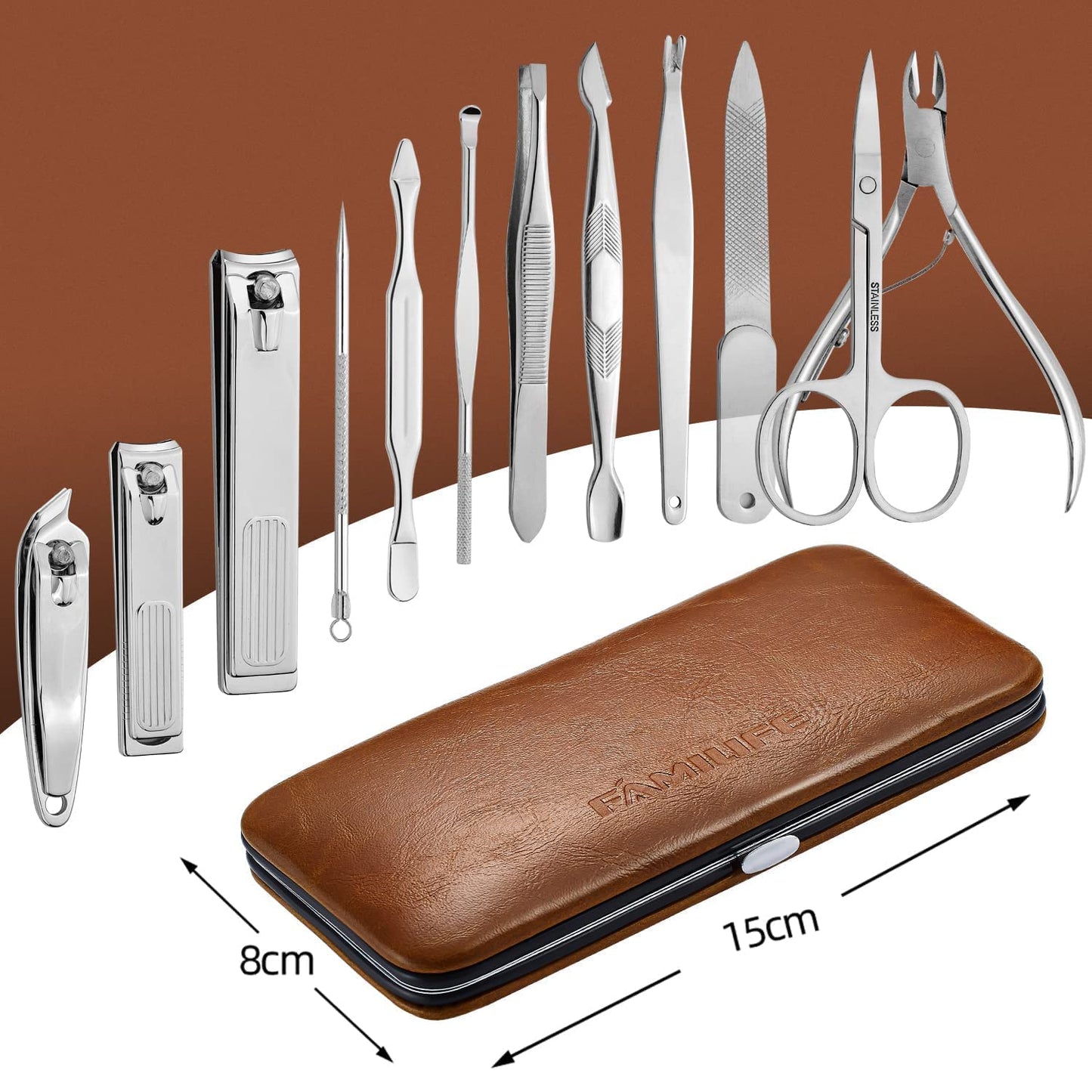 FAMILIFE F06 Manicure Set, 13pcs Pedicure Kit Rose Gold Nail Clipper Set Professional Manicure Kit and 12 Pieces Grooming Kit with Luxurious Leather Travel Case (D-Brown)