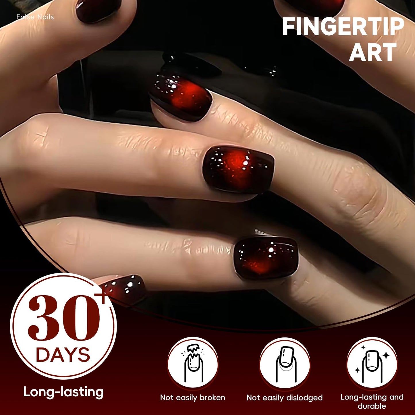 HOSAILY Black Red Cat Eye Press on Nails Short Square Cherry Christmas Fake Nails with Shimmer Design, 24pcs Glossy Soft Gel Glue on Nail Coffin, Salon Quality Stick on Nail Winter Press Ons for Women