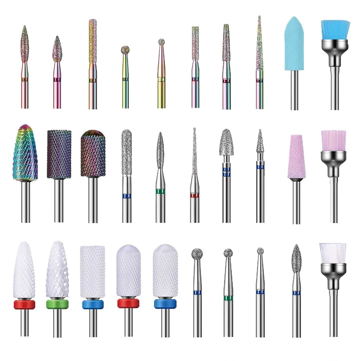 Nail Drill Bits Set, 3/32" Ceramic Tungsten Carbide Diamond Drill Kit,30Pcs Safety Professional Rotary Burrs Polish Nail File Bit for Acrylic Poly Nails Gel Cuticle Remover Electric Manicure Pedicure
