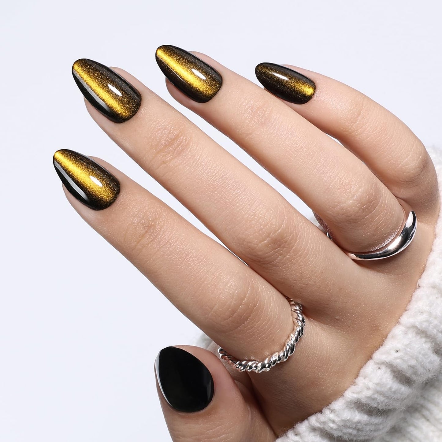 Gold Cat Eye Press On Nails - Gold Short Almond Fake Nails, Cateye Press On Nails Reusable Stick On Nails in 16 Sizes, 32pcs False Nail Kit for Women & Girls (Golden Cat Eye)