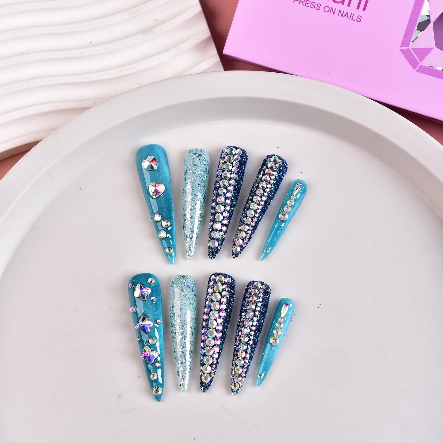 Tmani 10pc/set Extra Long Handmade Press On Nail Hot Girl's Long Ballet Nails Pointed Nail Full of Diamond Glitter Decoration Fake Nails Suitable For Girls Festival Parties and Birthday Gift (231,M)