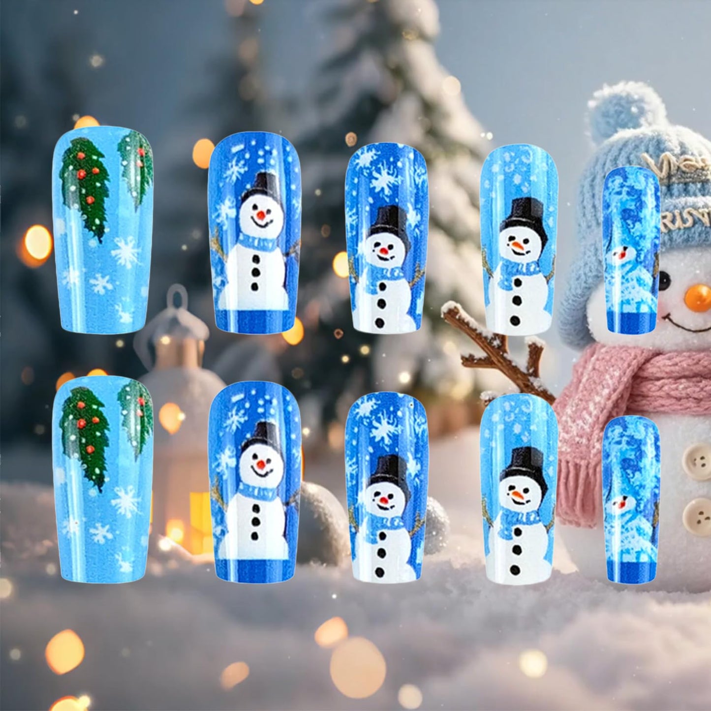 24Pcs Snowflake Press on Nails Glossy Green Xmas Tree Acrylic Fake Nail Snowman Gel Glue on Nail Snow Stick on Fingernails Christmas Medium Square False Nails for Women Gift