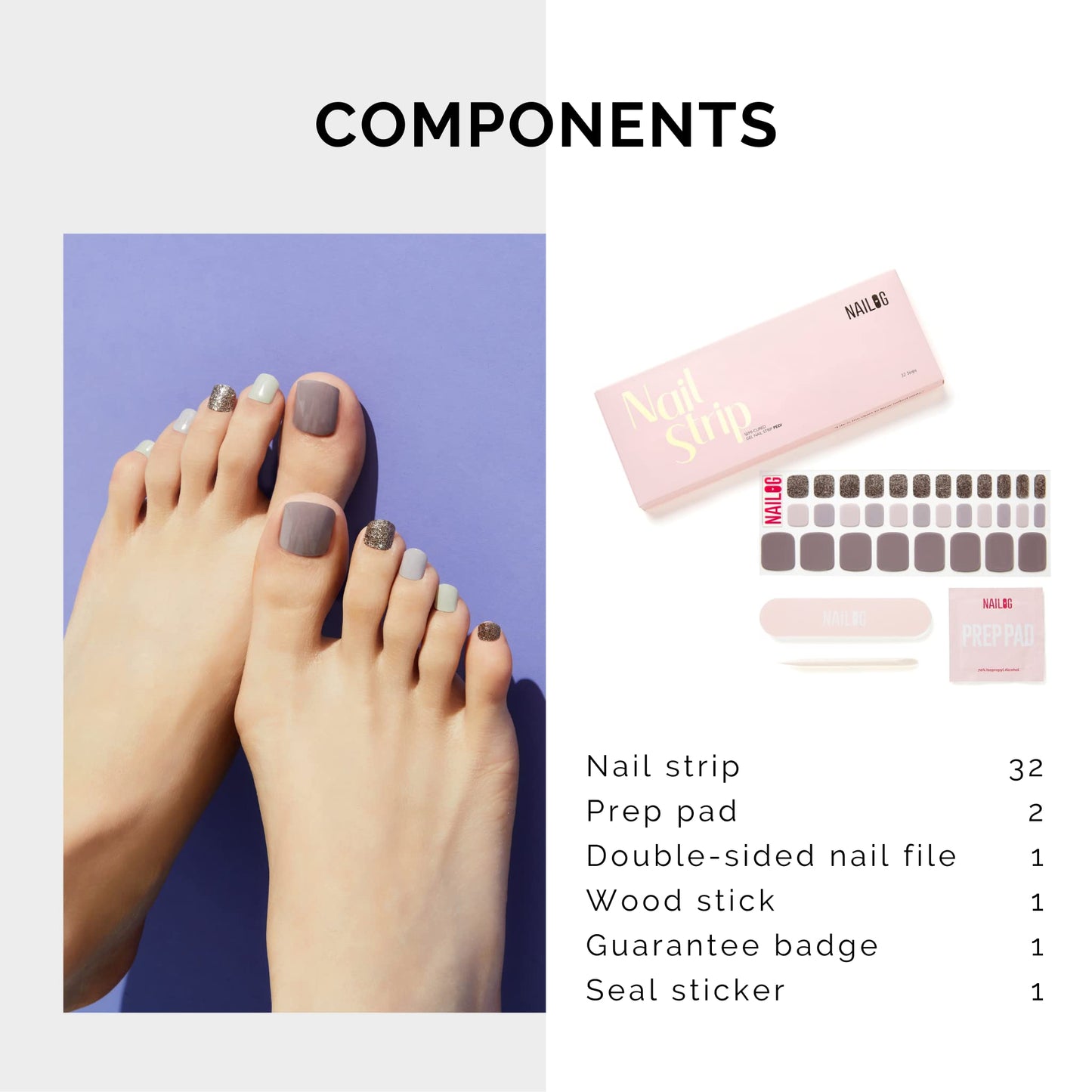 NAILOG Semi Cured Gel Nail Strips, Toe Nail Polish Strips with Glossy Gel Finishing | Buy 3 Get 1 UV Lamp| 32 Pieces Long Lasting Pedi Stickers | Purple & Gray