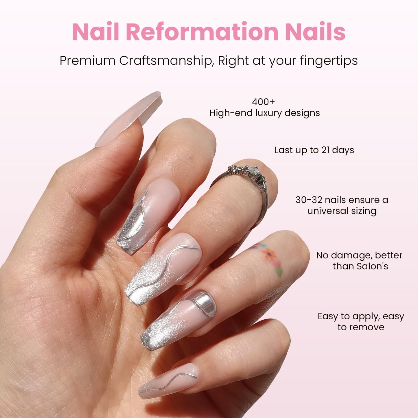 Nail Reformation Press On Nails, Shooting Star | Pink Long Coffin Fake Nails with 3D Metallic in a Glitter Finish, Reusable Stick On Nails in 15 Sizes - 30 False Nail Kit with Glue, Gifts for Women
