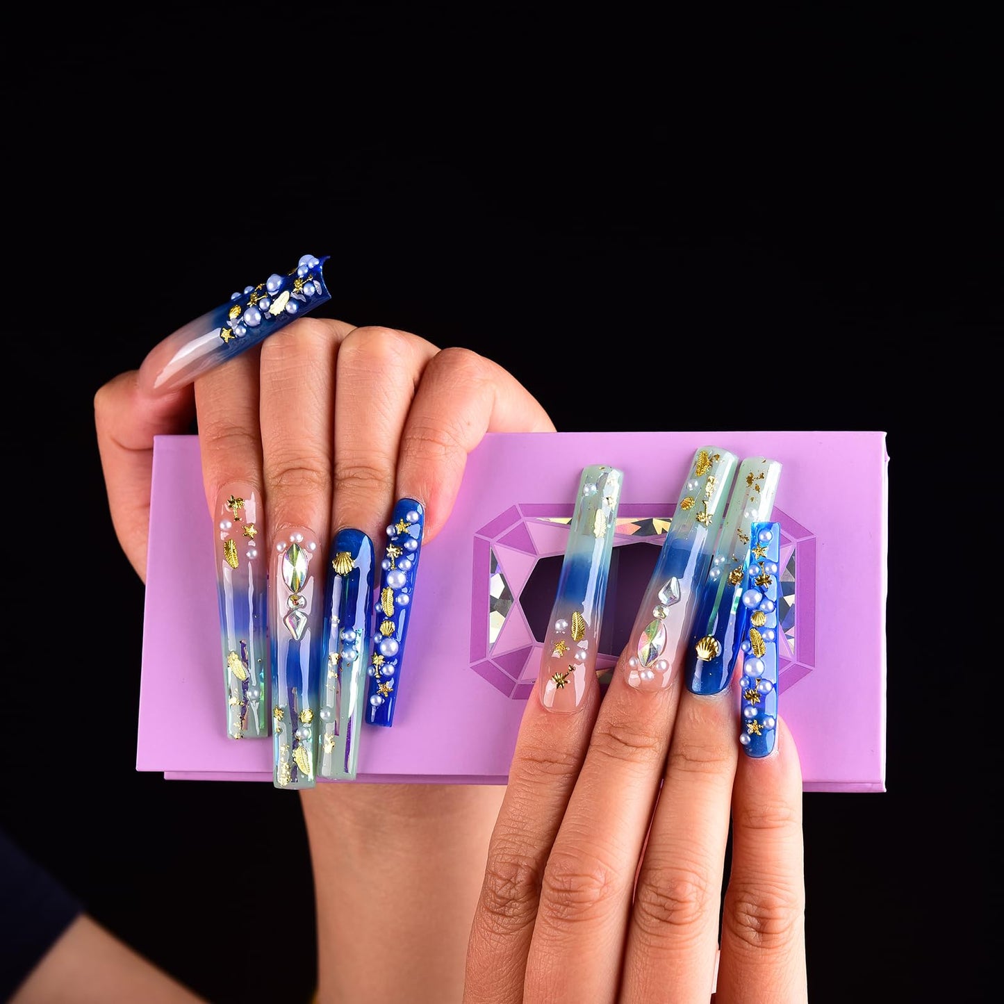 Tmani 10pc/set Extra Long Handmade Press On Nail Hot Girl's Long Ballet Nails Square Nail Full of Diamond Glitter Decoration Fake Nails Suitable For Girls Festival Parties and Birthday Gift (116,S)