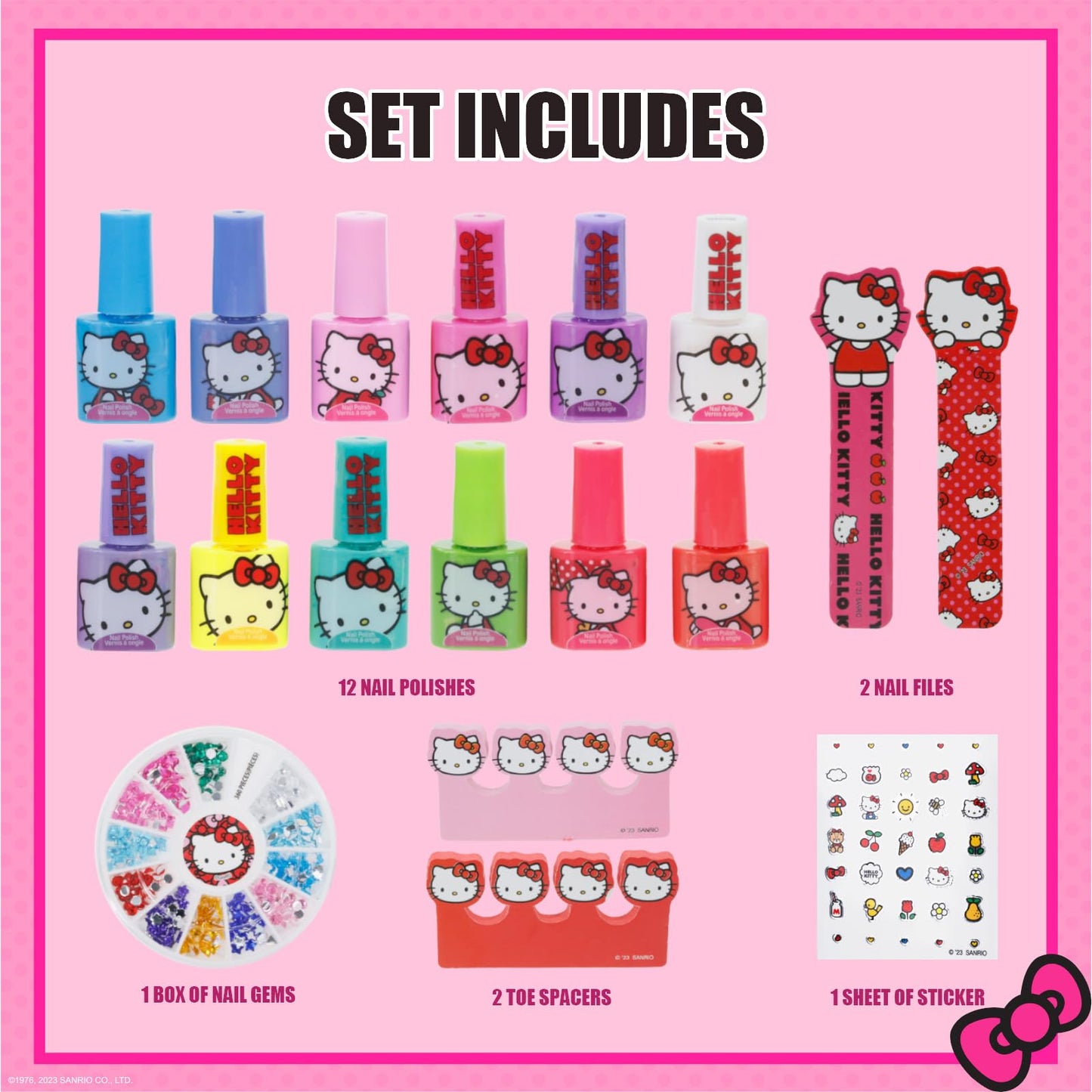 Hello Kitty Water-Based Nail Polish Set, Peel-Off Set with Glittery & Opaque Colors and Nail Accessories for Girls Kids, Perfect for Dress Up, Parties & Makeovers Ages 3+ by Townley Girl