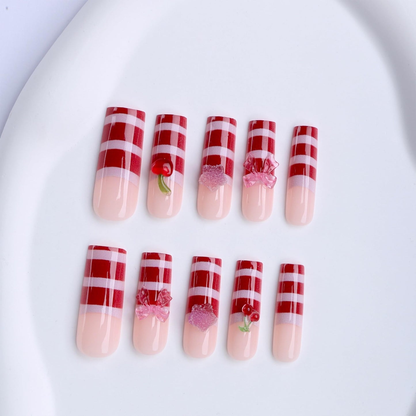 octoswave Long Square Press on Nails Red and Pink Striped French Tip with 3D Cherry Bow Designs Sweet Coquette Style Acrylic False Nails for Women Parties 24Pcs