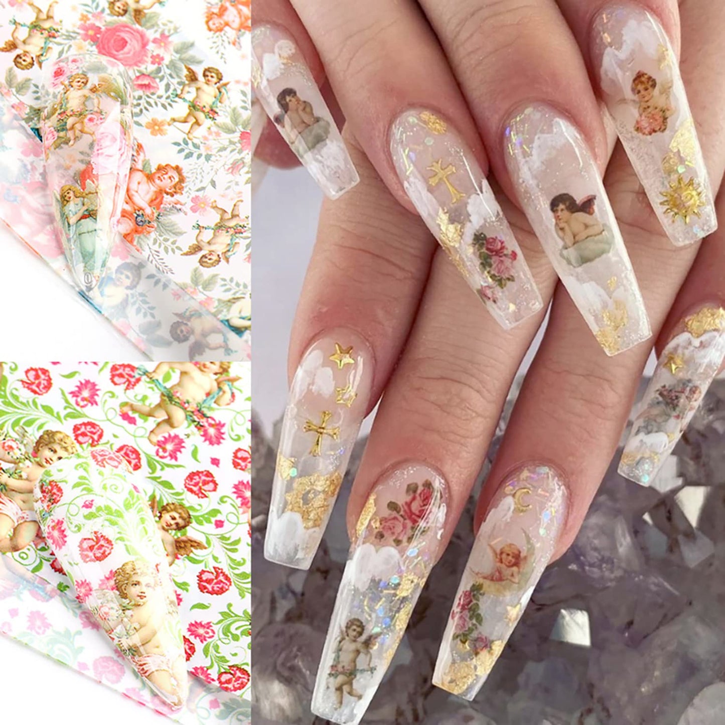Angel Holographic Nail Foil Stickers - Sky Starry Paper Transfer Foils, Flowers Decals for Nail Transfer Glue