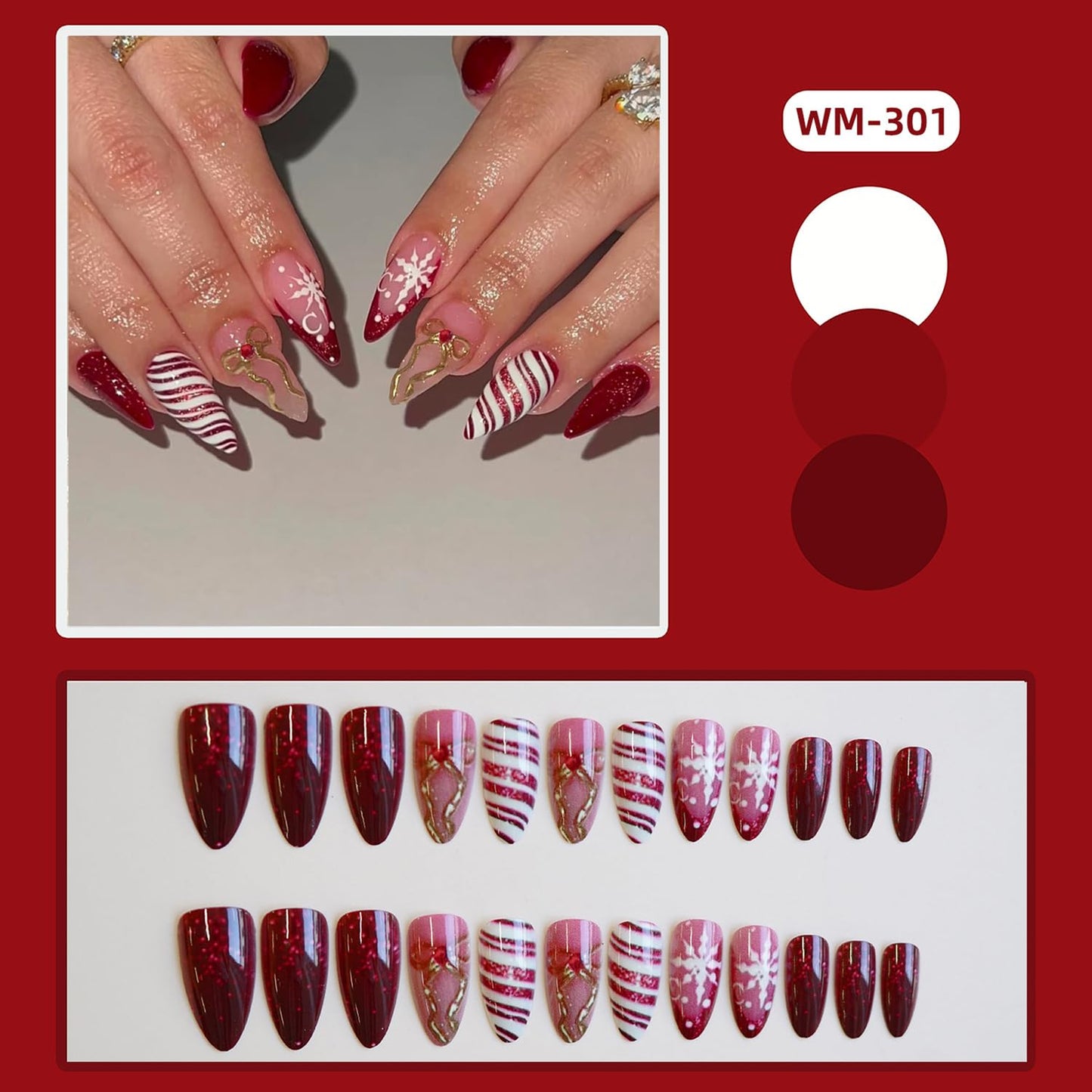 Christmas Press on Nails Medium Artificial Almond Acrylic False Nails French Red Tip Glitter Fake Nail Snowflake with Bow Xmas Stick on Nail Full Cover Reusable Coffin Artificial Fingernails for Women