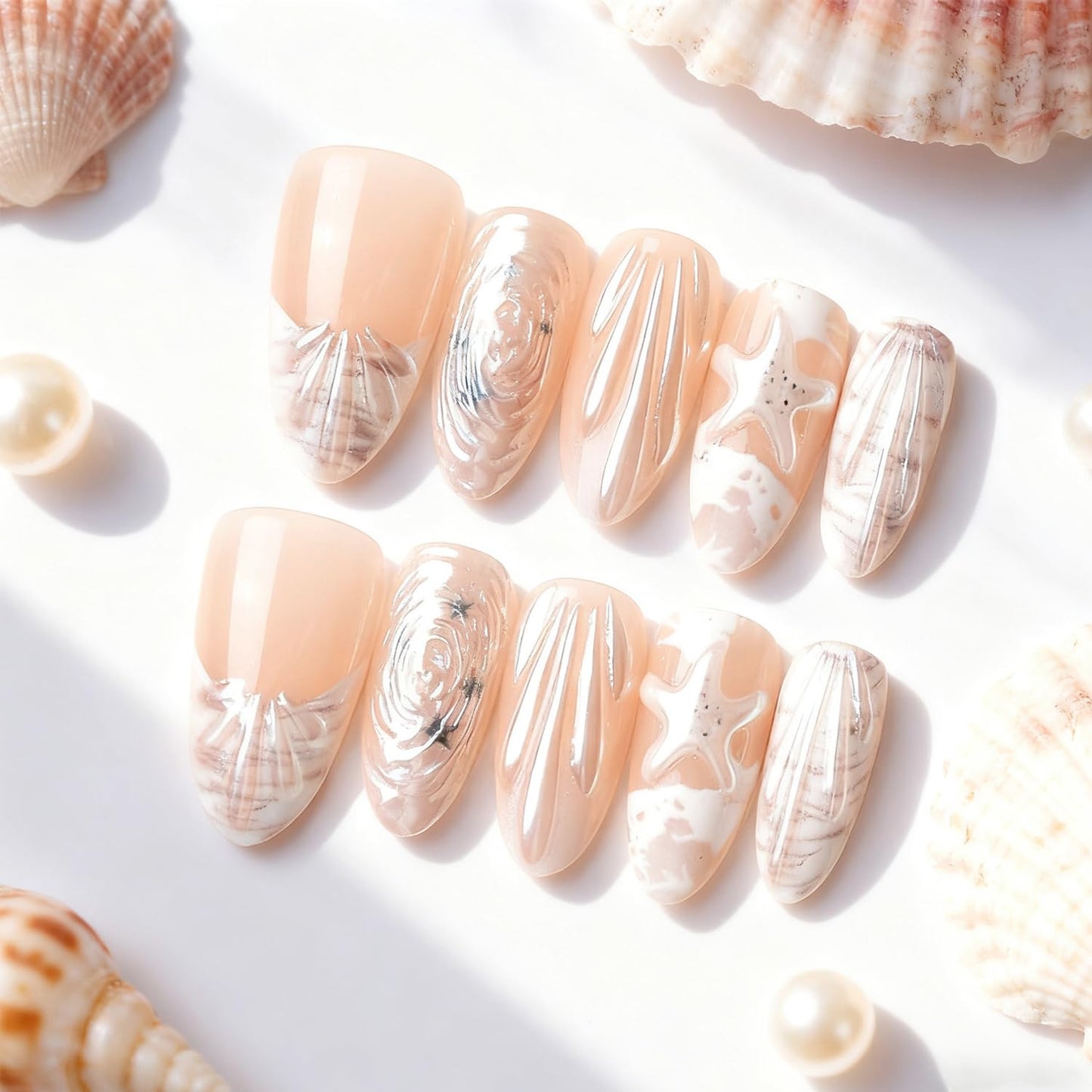 Summer Beach Press on Nails Kit Medium Almond Nail French Tip Fake Nails with 3D Pearl Seashell Design Stick on Nails Cute Starfish False Nail Ocean Acrylic Nails Water Ripples Nails for Women 30Pcs
