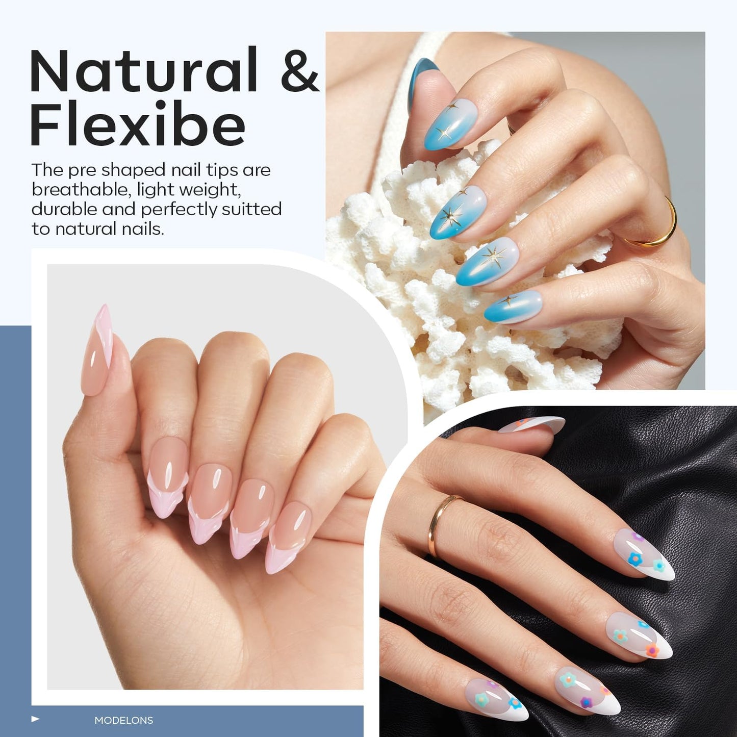 modelones X Nail Gel Kit Medium Almond, 9-in-One Nail Glue with Mini UV Light 216Pcs 12Sizes Pre-Etched Press ons Fake Acrylic Extension Kit DIY Salon Gift