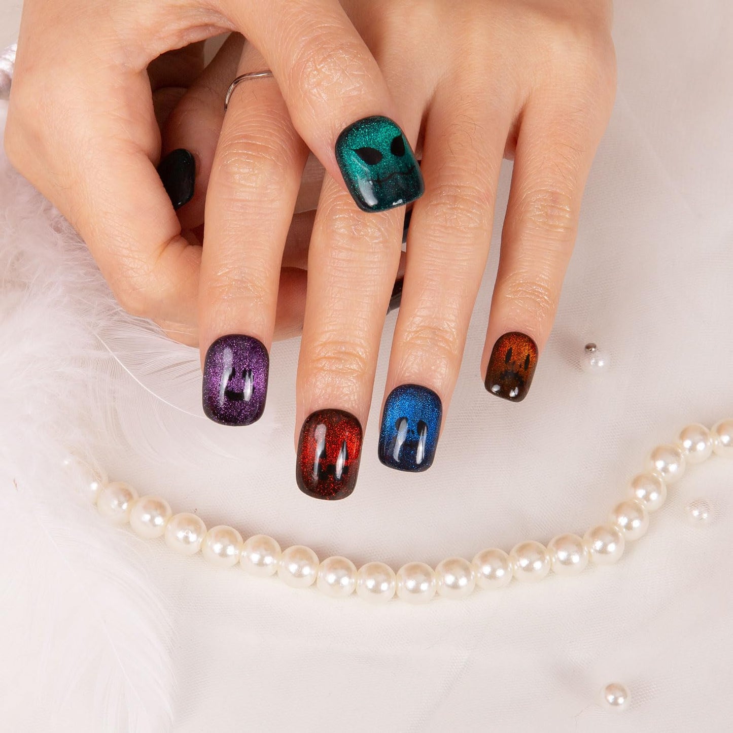 LOVFUL Press on Nails Spectral Jack-o'-lantern| Handmade with Full Covered Crystals | Reusable Fake Nails | Square Short 0.8 in | H336-M