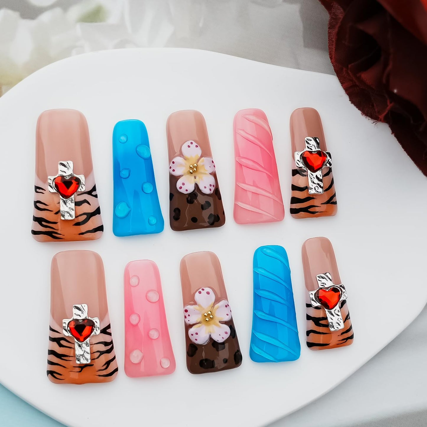 Tesytto Long Duck Press-On Nails Handmade, Colorful Blue Pink Acrylic Fake Nails with 3D Charms, Brown Tiger Stripe & Flower Design, Multi-Layer Full Cover False Nails (Tame the Wild Heart, S)