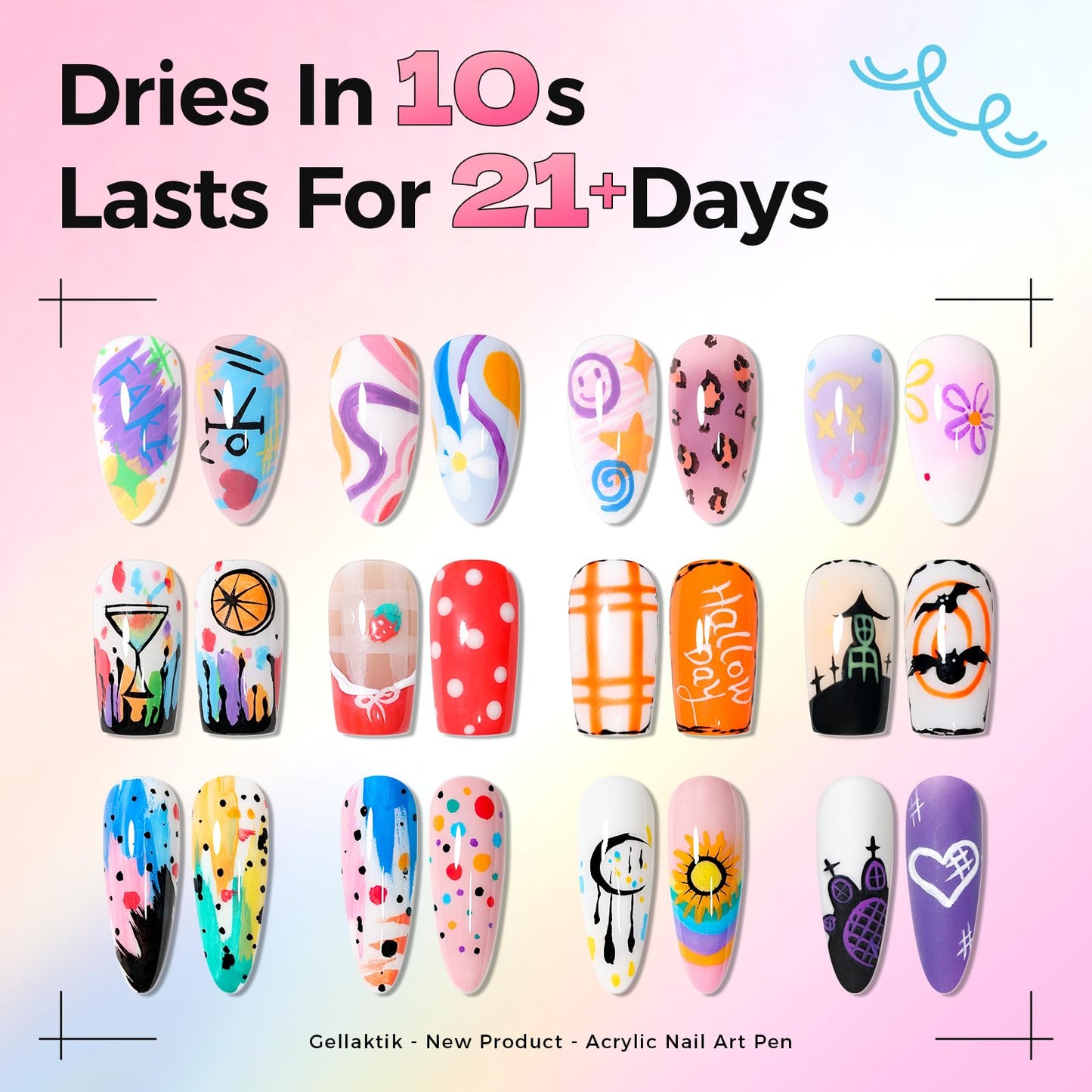 GELLAKTIK 18 Colors Nail Art Pens Set, 3D Nail Polish Pens Quick-Drying Acrylic Paint Markers, Dotting Liner Brush for DIY Nail Design, Home & Salon Manicure Tools