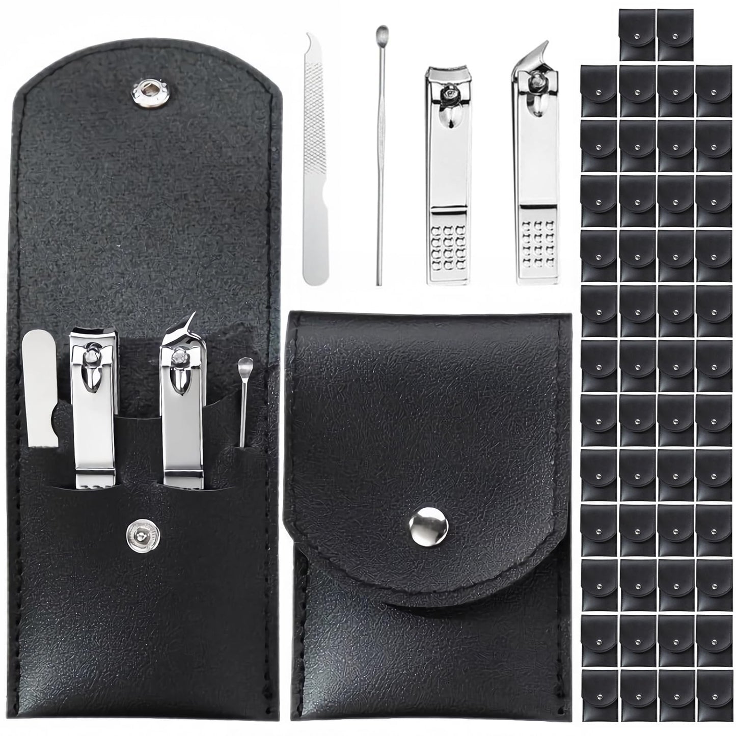 50 Sets Nail Clipper Set Bulk, 4-in-1 Stainless Steel Travel Nail Care Kit, Individually Wrapped Manicure Nail Kits with Case for Adults, Home, Hotel, Personal Care & Events（Black）